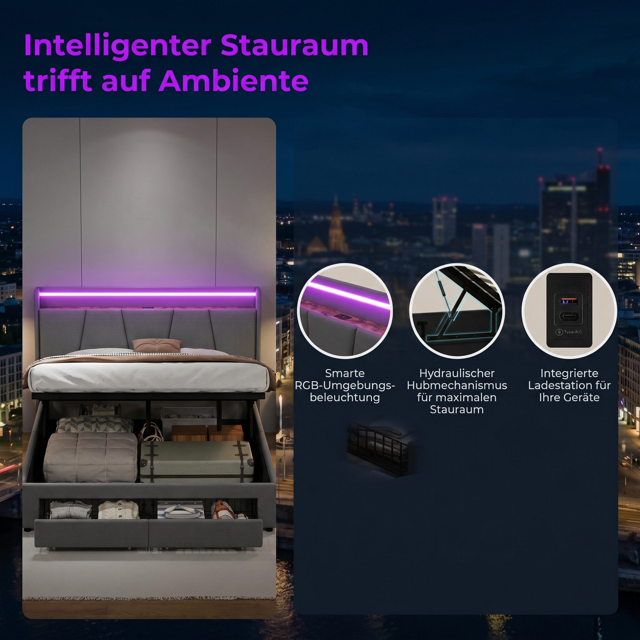 Gdood Polsterbett Stauraumbett LED Doppelbett (Mit 2 Schubladen, Hydraulisch anhebbarer Bettstauraum), Mit LED-Beleuchtung, Kopfteil mit Ladebuchse, Leinen, 140 – Bild 2 von 5