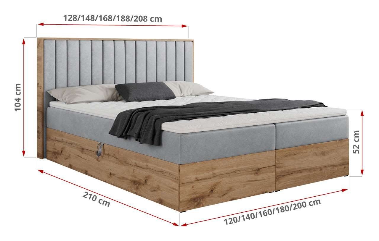 MKS MÖBEL mit mit 4, Doppelbett Holzrahmen, Boxspringbett Kopfstütze, Eiche Bettkasten, Matratze ALBERO