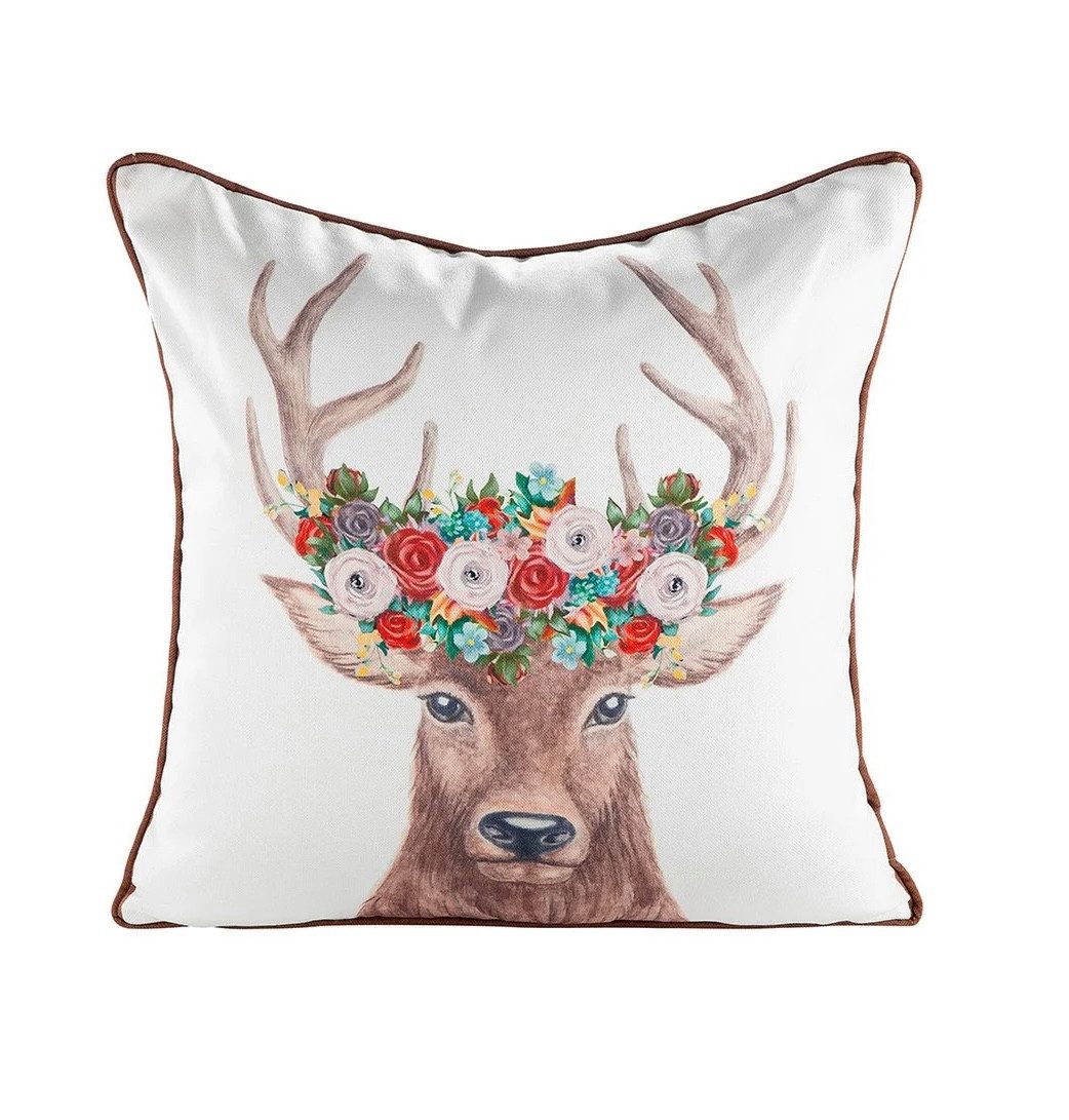 GILDE Dekokissen Kissen Hirsch mit Blütenkranz Modern 45 x 45 cm Beige Braun, Hirschkopf mit Blumenkranz