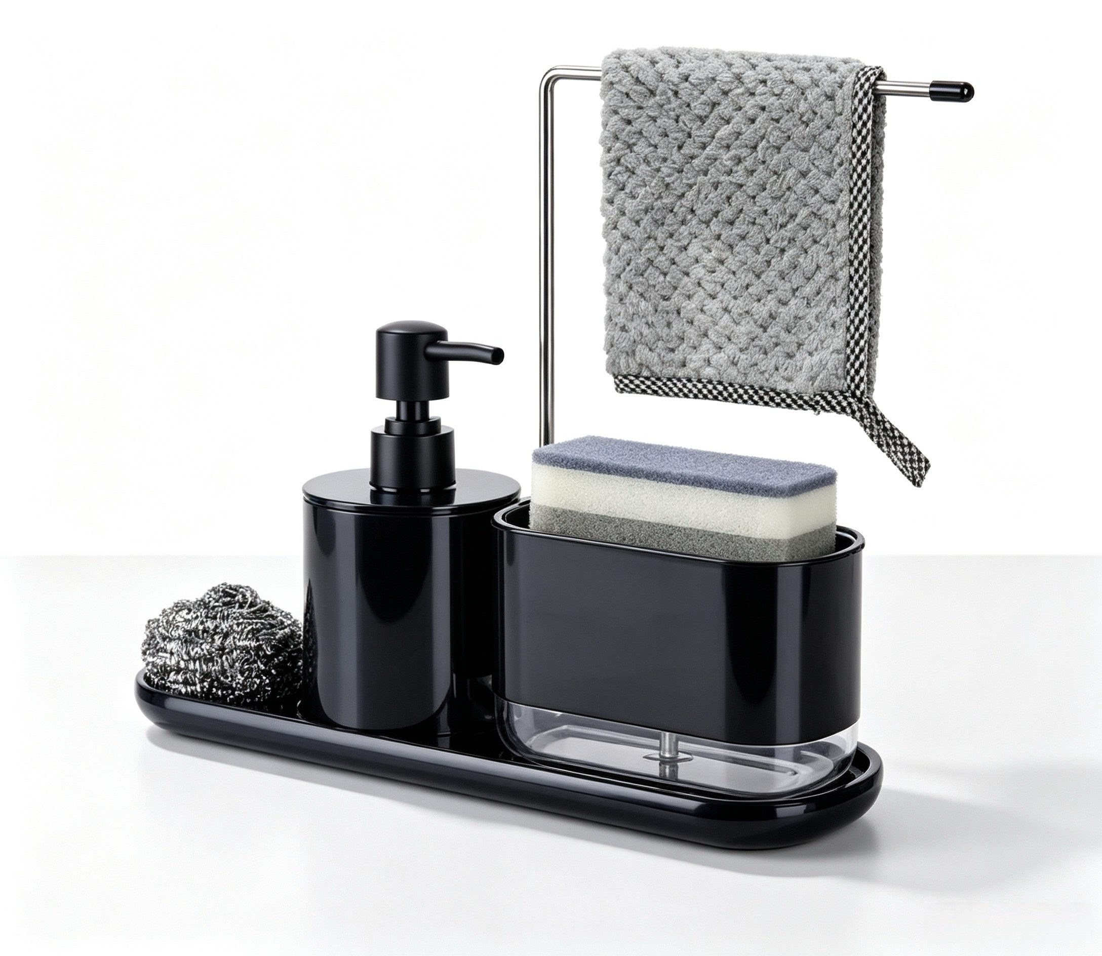 Fyrove Seifenspender Spüle-Set mit Stand-Seifenspender, Beckenhalter & Schwammhalter, Multifunktional mit Seifenpumpe,Robuster ABS/Edelstahl, zwei Größen