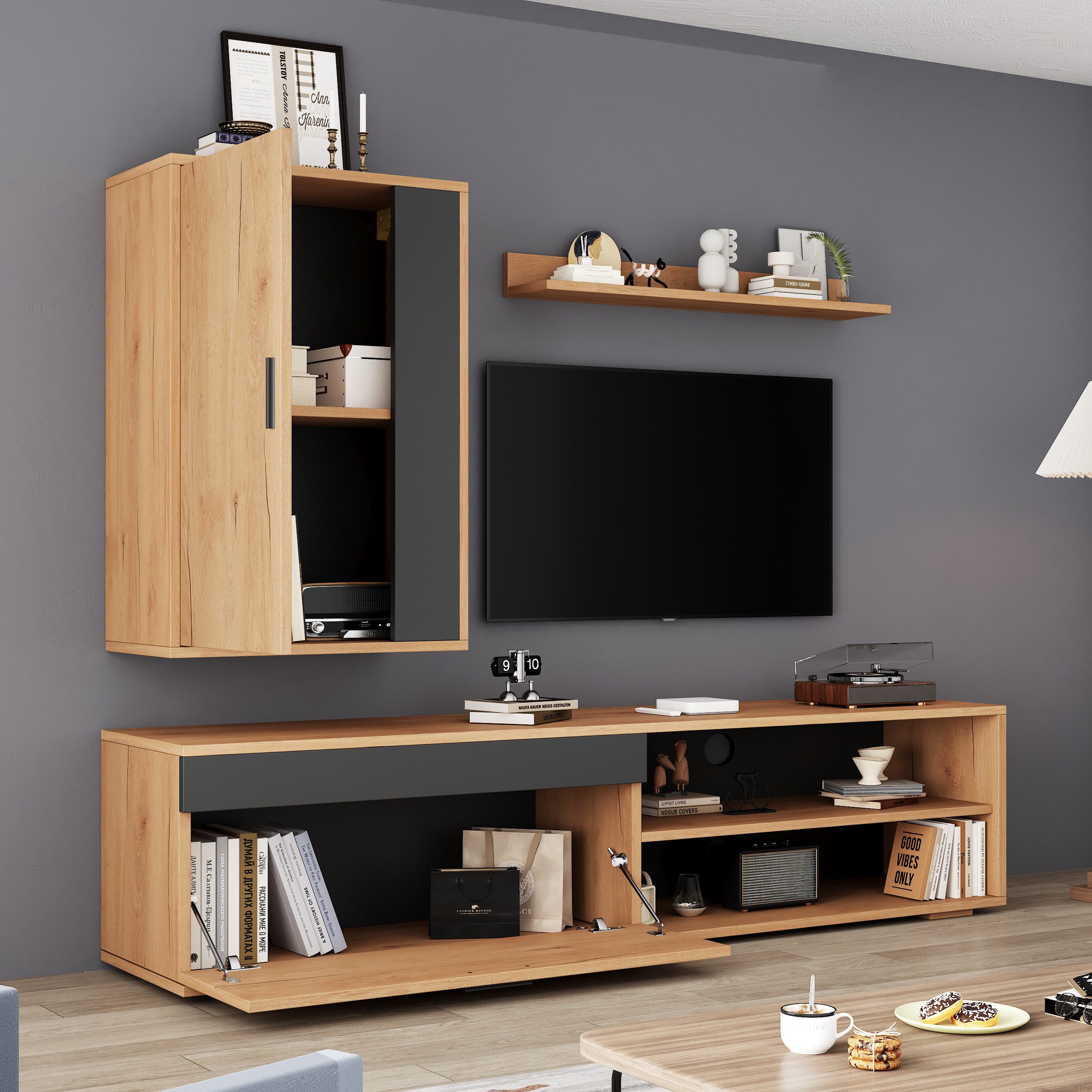 MODFU Wohnzimmer-Set mit funktionaler Integration, (TV Wohnzimmermöbel-Set, 3-St., Hängeschrank & Regal, vielseitige Aufbewahrung), mit Soft-Close-Türen, Wandmontage