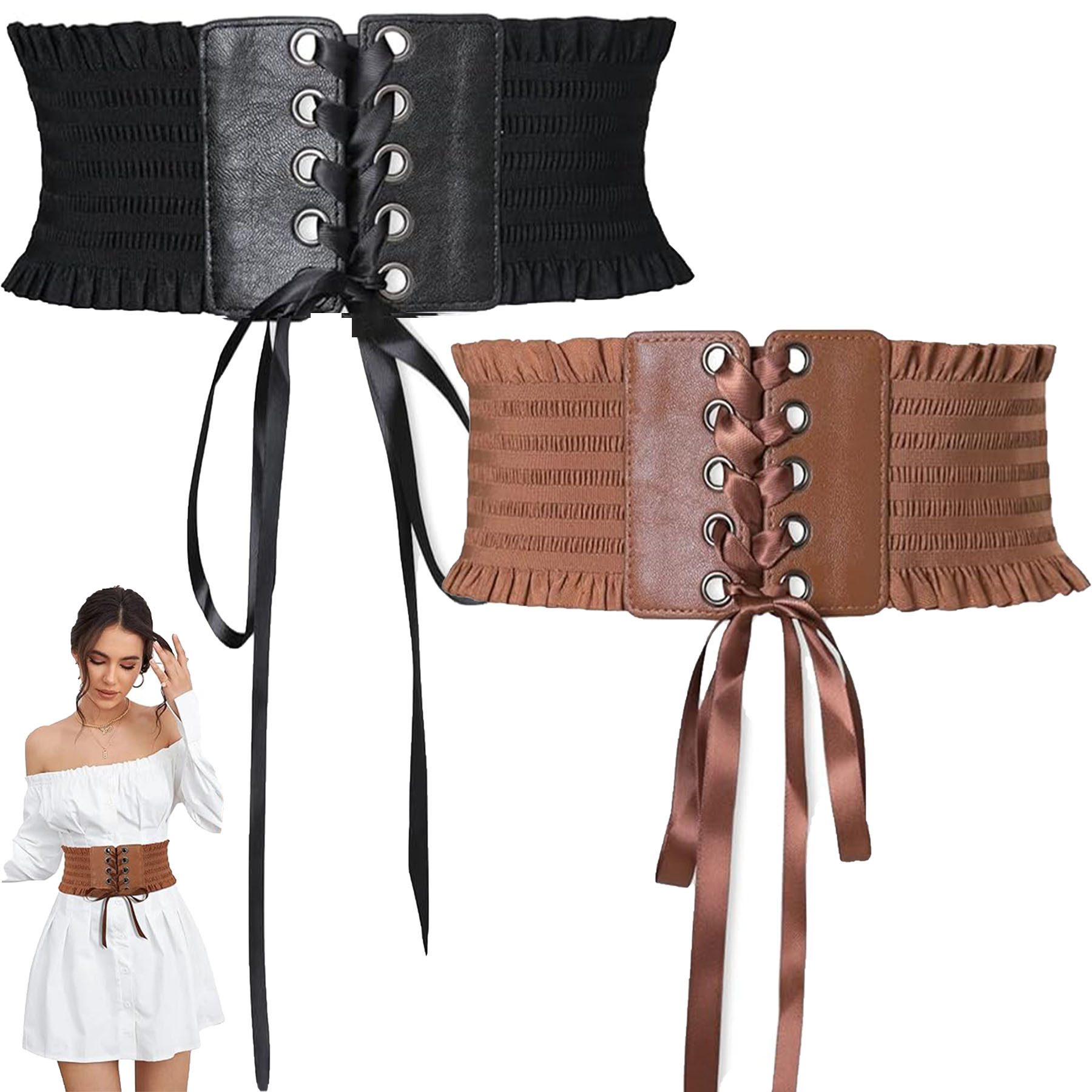 Mutig Taillengürtel 2-teiliger Satz Breite dehnbare Gürtel für Damen,Vintage Taillengürtel (Tied Schnürung Gürtel mit Schnalle,Modischer & vielseitiger Dekogürtel, passend zu Kleidern, Hemden, Blazern, Trenchcoats, festlichen Outfits) 2 pc Vintage elastischer Taillengürtel für Weihnachts,Halloween Partys