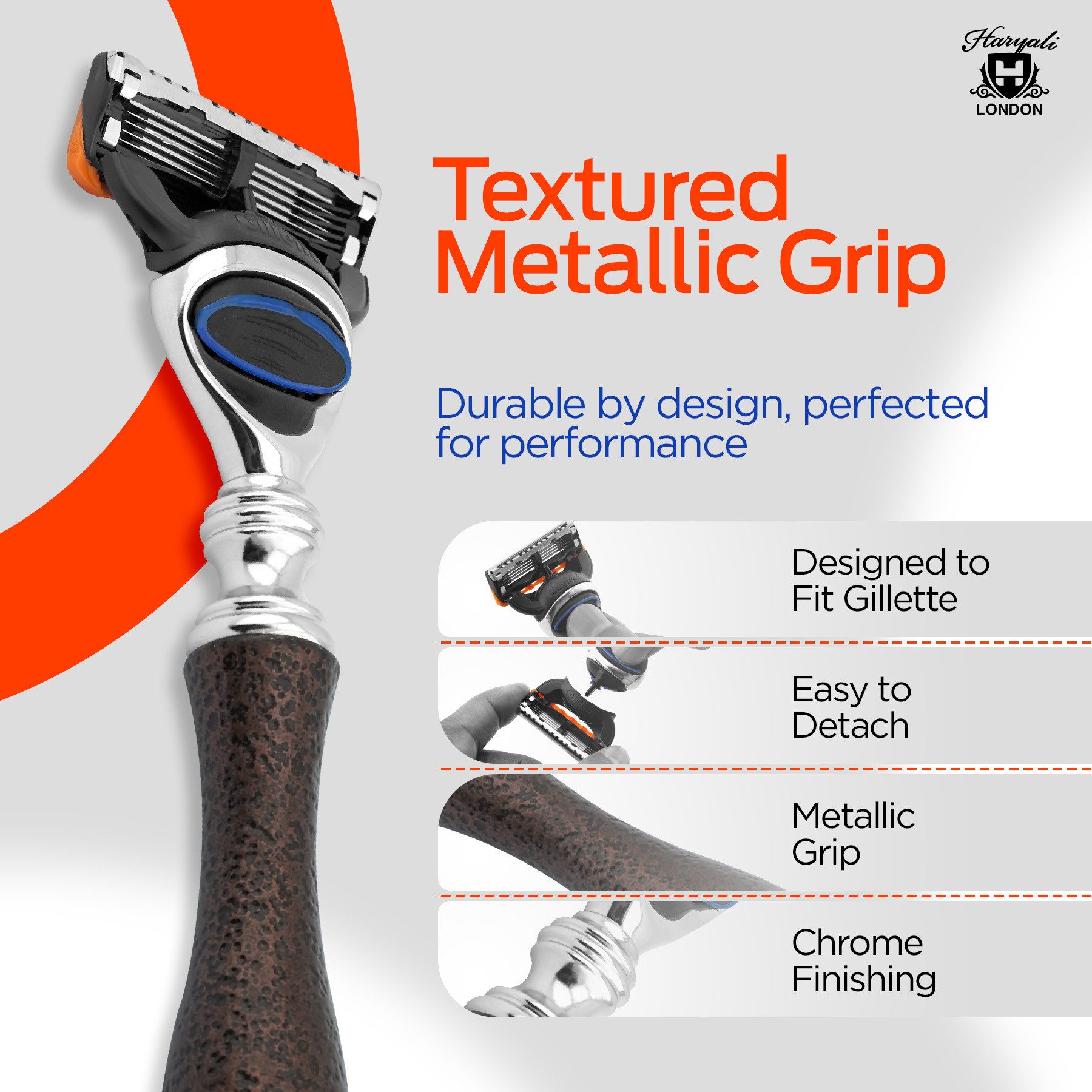 Haryali London Nassrasierer 5-Klingen-Unisex-Rasierer, Körper und Gesicht, Kastanienbraun, Pack, Rasiermesser mit Klinge und hochwertiger messing-silberner Oberfläche, Abwaschbarer, rutschfester Griff. Passt auf alle Fusion5-Rasierer.