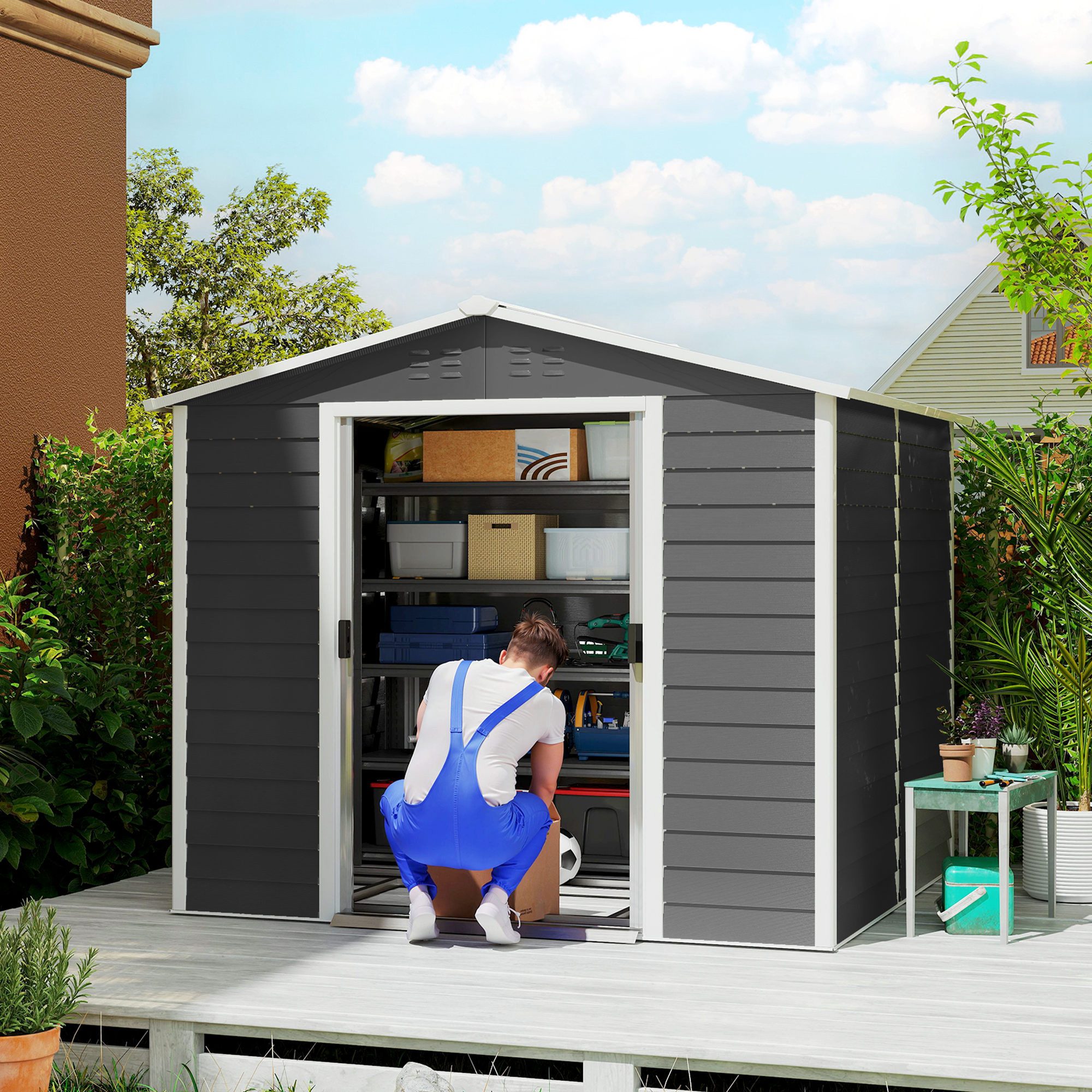 Outsunny Gerätehaus 4,4 m² Gartenhaus mit Schiebetür, aus Verzinkter Stahl, wetterfest, BxT: 240x206 cm, (Geräteschuppen, 1 St., wetterfest Gartenhaus), für Hinterhof, Garten, Dunkelgrau