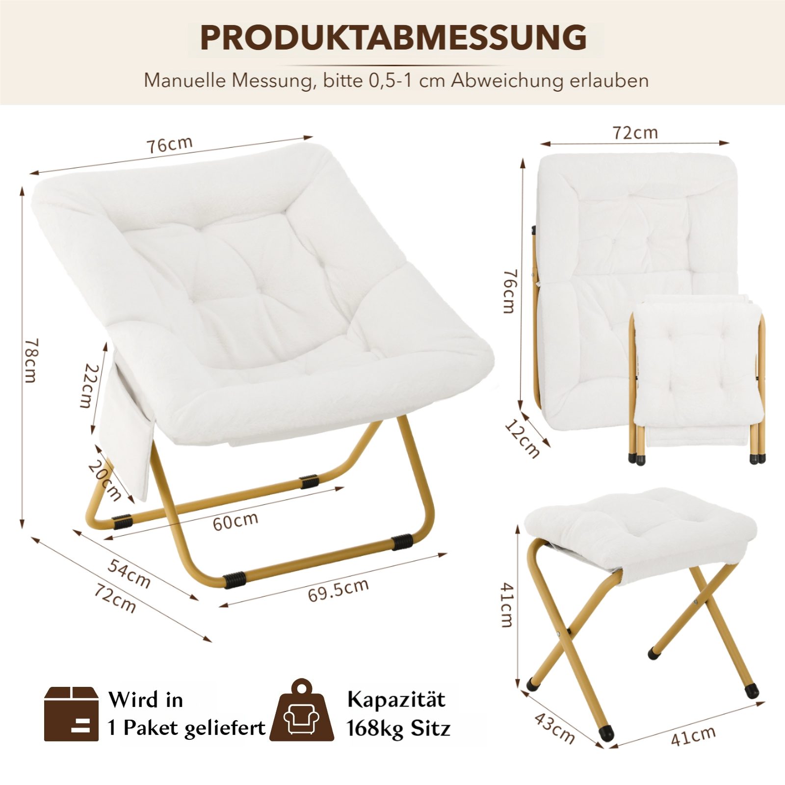 TLGREEN Relaxsessel,klappbarer Lounge-Sessel mit Hocker, (Weicher Kunstfell-Lesesessel, Relaxsessel mit Hocker),Ideal für Wohnzimmer, Schlafzimmer & Spielzimmer