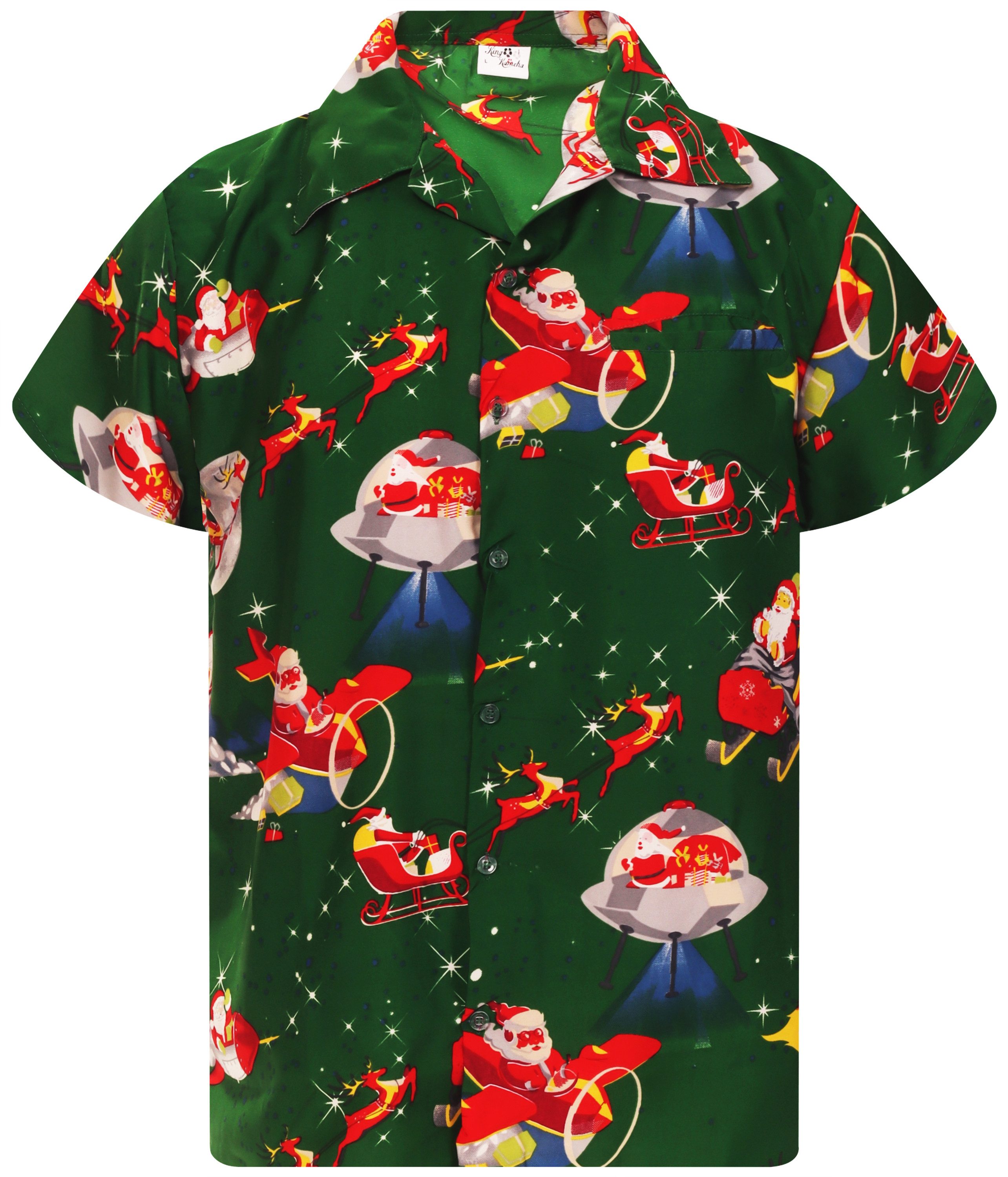 King Kameha Hawaiihemd Christmas Space Santa Kurzarm Front-Tasche Unisex