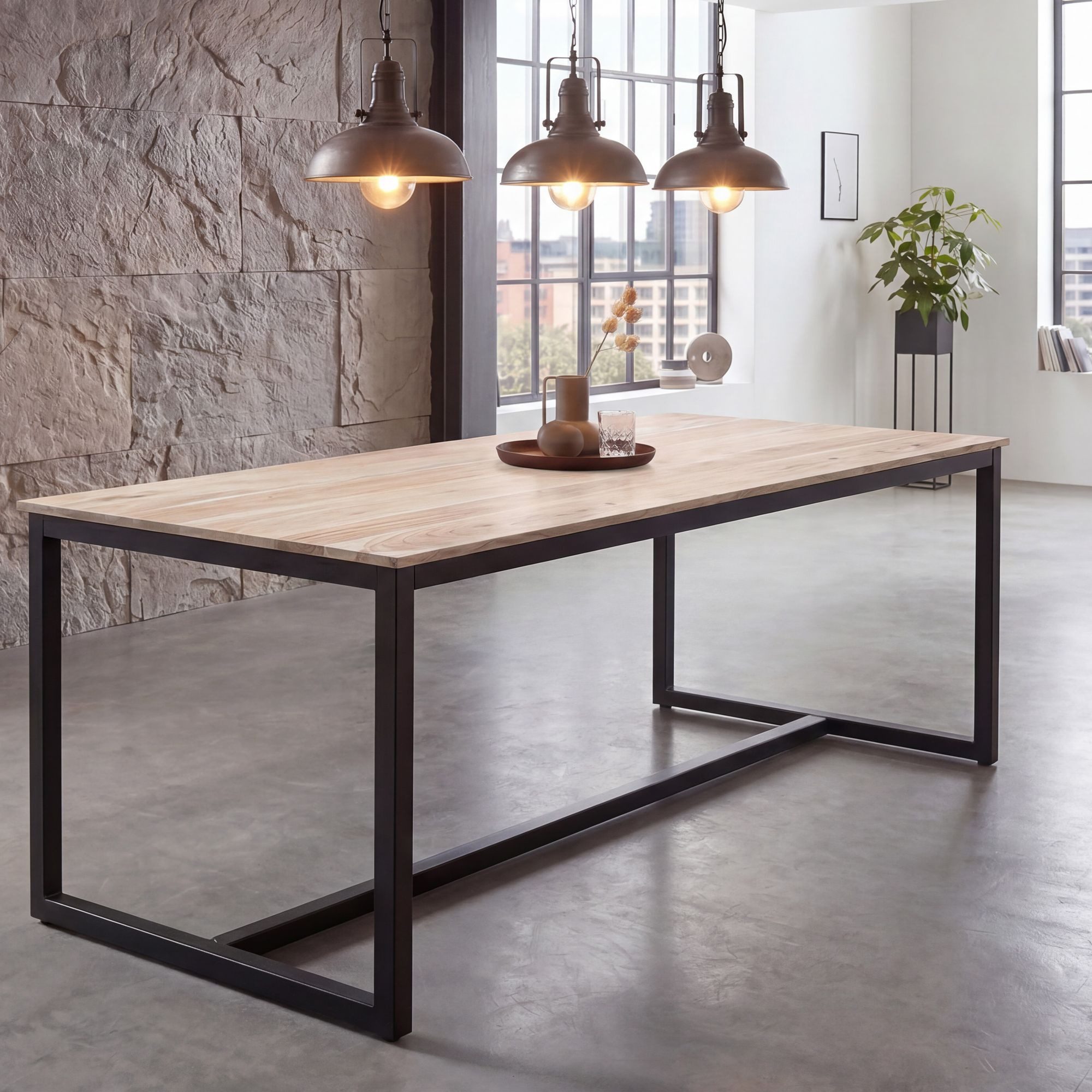 FINEBUY Esstisch FB60619 Esszimmertisch Akazie Holz Massiv Metall Küchentisch Loft (Esszimmertisch Klein, Holztisch Esszimmer Modern), 140x80x76 cm, Akazie Massivholz Rechteckig, Modern