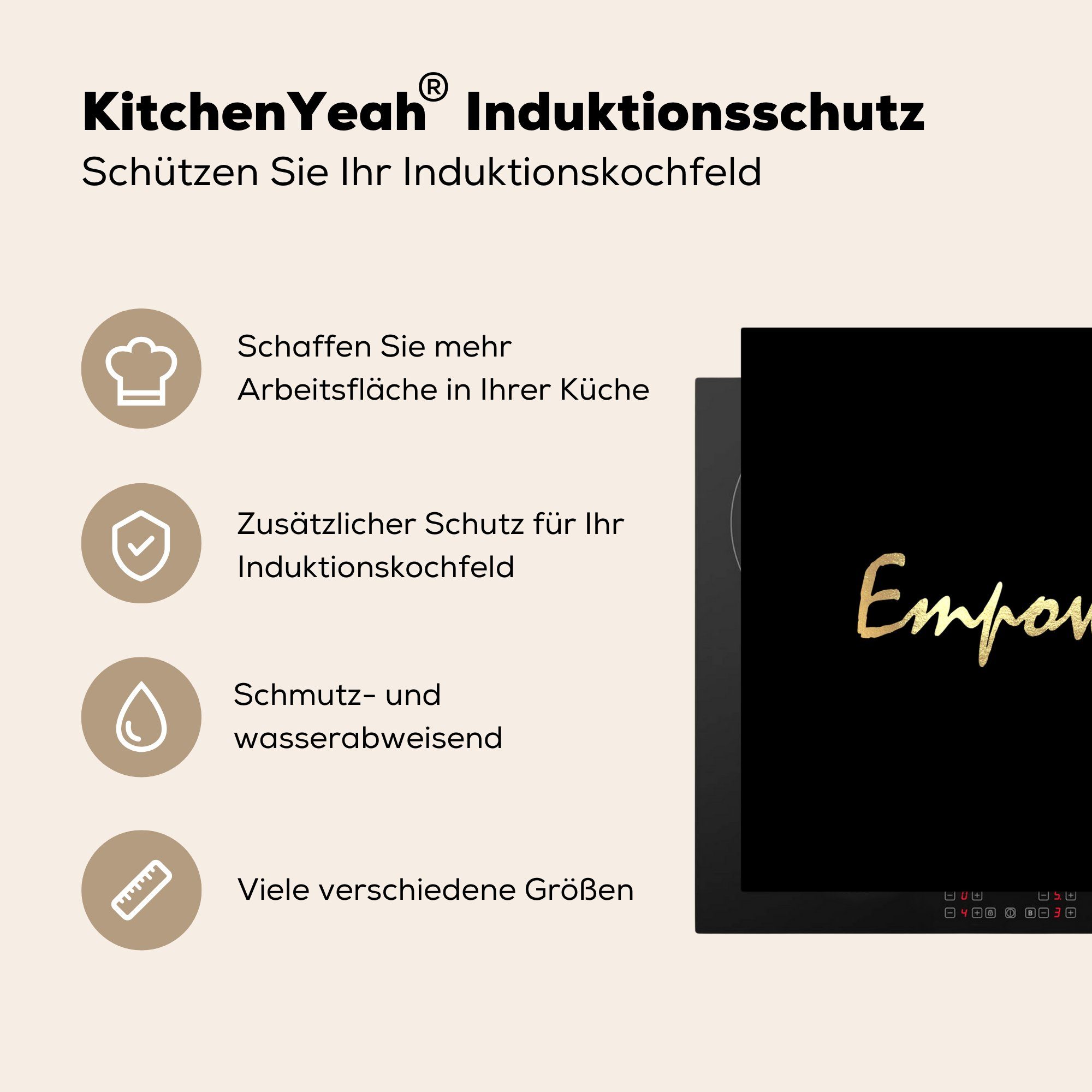 Gold MuchoWow tlg), küche - Vinyl, 78x78 Zitat Arbeitsplatte Leistung für Schwarz, cm, (1 - Ceranfeldabdeckung, Herdblende-/Abdeckplatte -