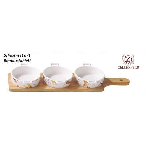 ZELLERFELD Servierschale Trendmax Set von 3 Schalen Rund wie Pfanne mit Bambustablett Porzellan Snackschalenset Cerezlik Service Dessert Dips Saucen Weiß