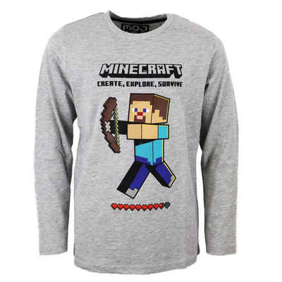 Minecraft Langarmshirt Steve Kinder Shirt in Grau Gr. 116 bis 152, Gamer