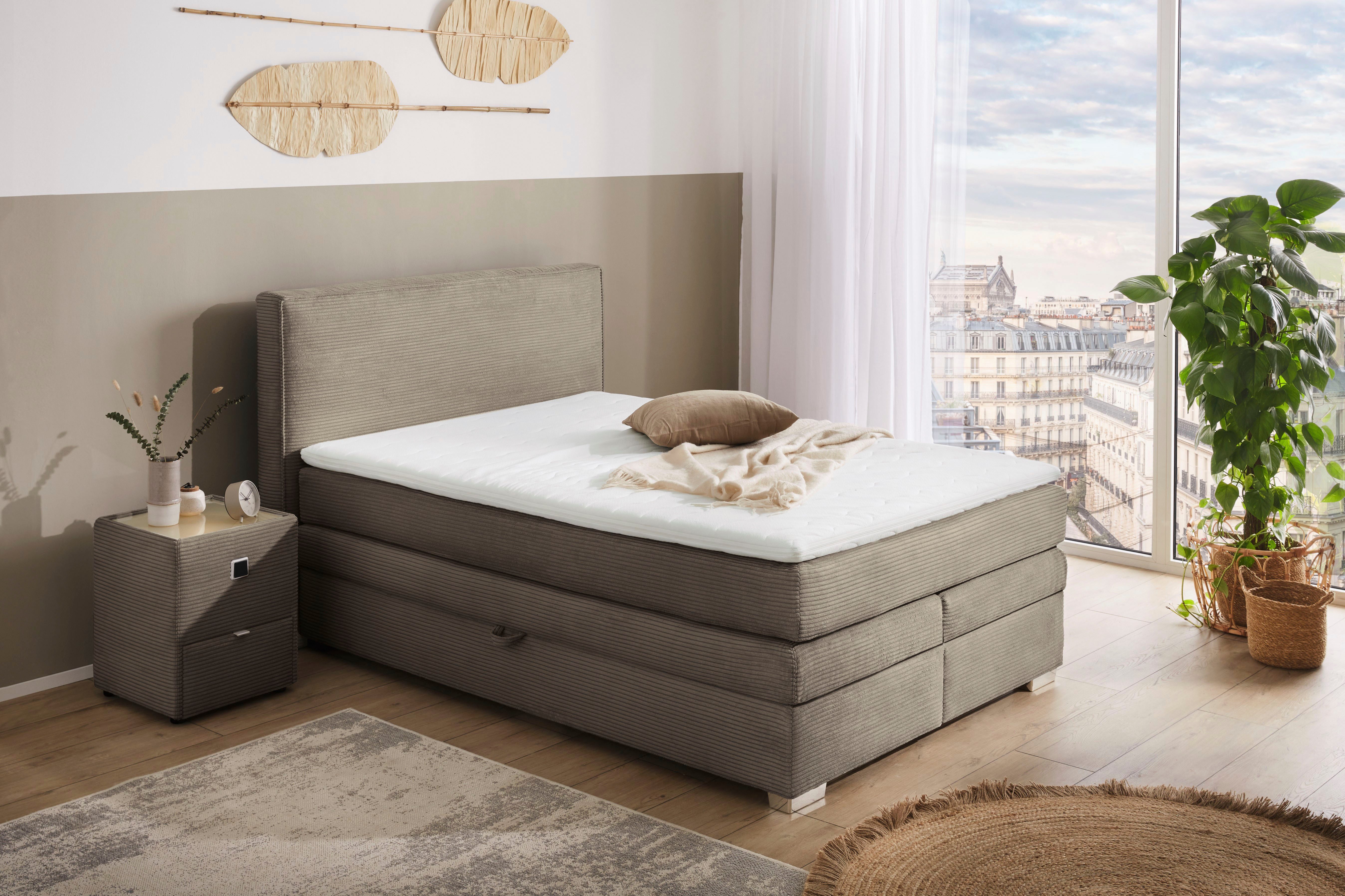 Jockenhöfer Gruppe Boxspringbett ARABELLA mit Stauraum & Bonell-Matratze H2/H3, inkl. PUR-Schaum-Topper, trendiger Cord-Bezug, Liegefläche 140x200 cm