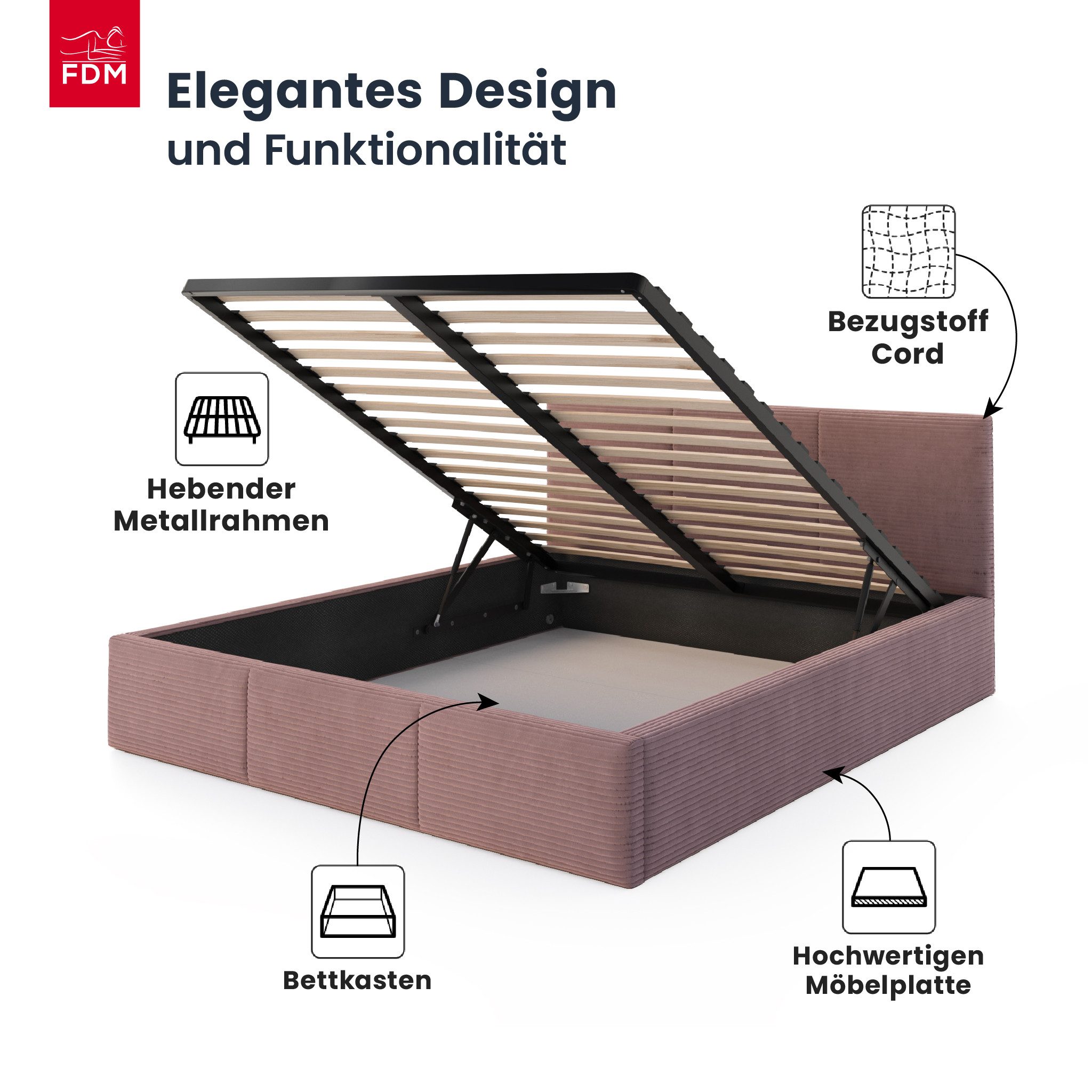 FDM Polsterbett AMBER modern mit Bettkasten MADE IN EU - mit Cord Bezug (verfügbar 90x200 120x200 140x200 160x200 180x200cm, Bettrahmen, Bett, mit großen gepolsterten Kopfteil, mit Bettkasten zum aufklappen), Hebbarer Metallrahmen, Bettkasten, mit/ohne Matratze