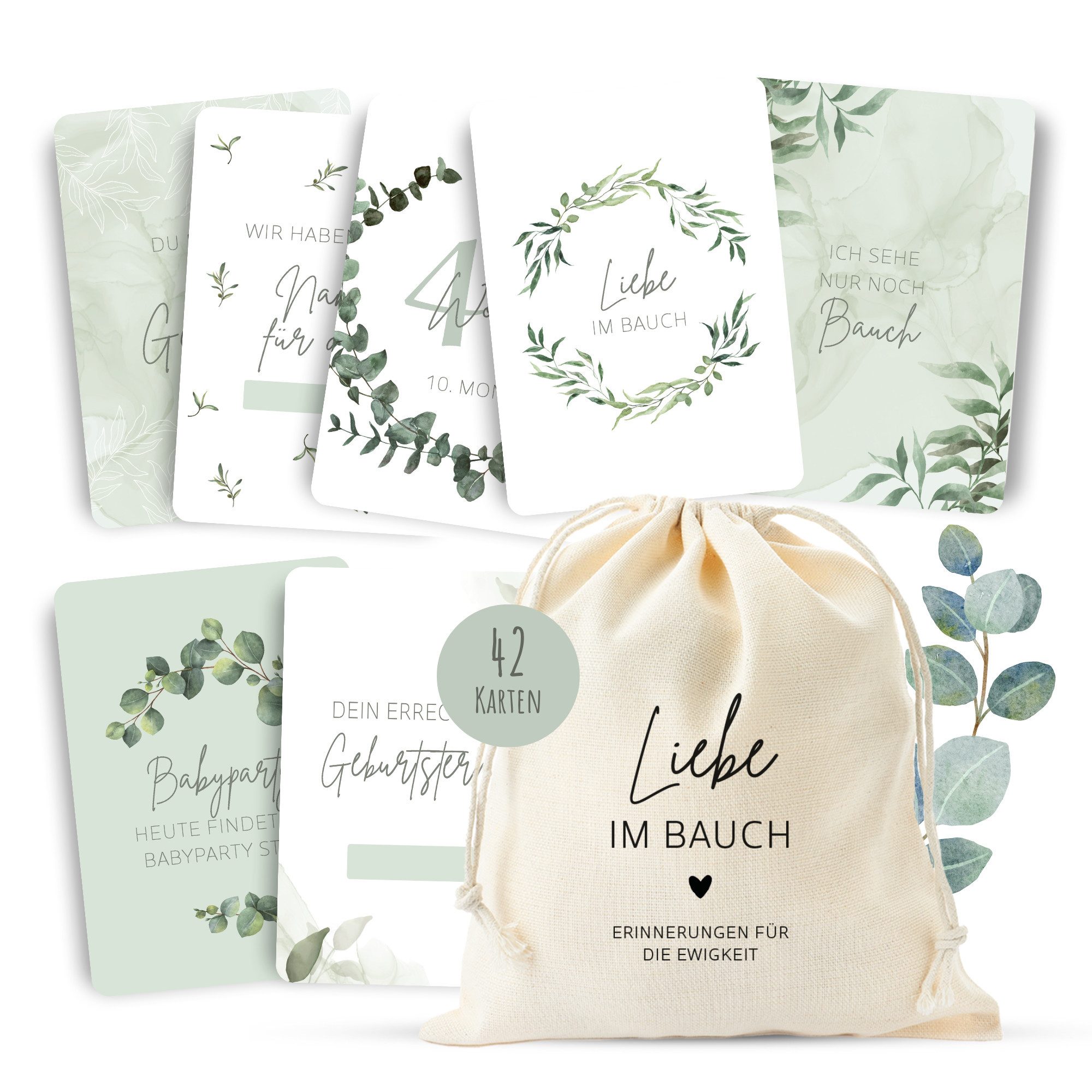 MeinBaby123® Geburtskarte 42 Meilensteinkarten Schwangerschaft zum Ausfüllen, inkl. Baumwollsäckchen, Geschenk zur Schwangerschaft