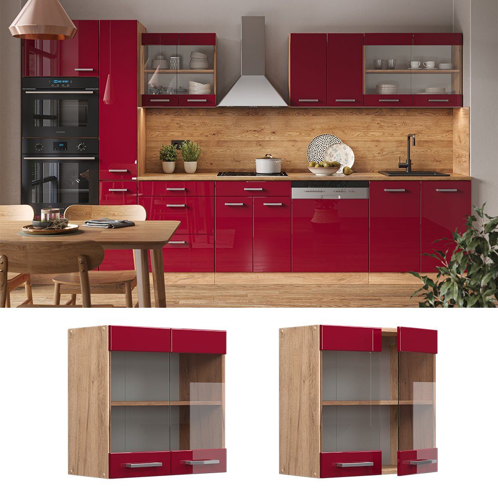 Vicco Glashängeschrank R-Line, Bordeaux Hochglanz/Goldkraft Eiche, günstig online kaufen