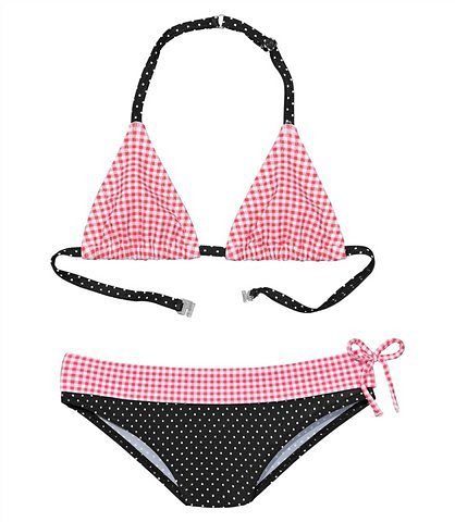 Triangel-Bikini aus rosa-schwarz Buffalo und Punkten Mustermix Karo mit