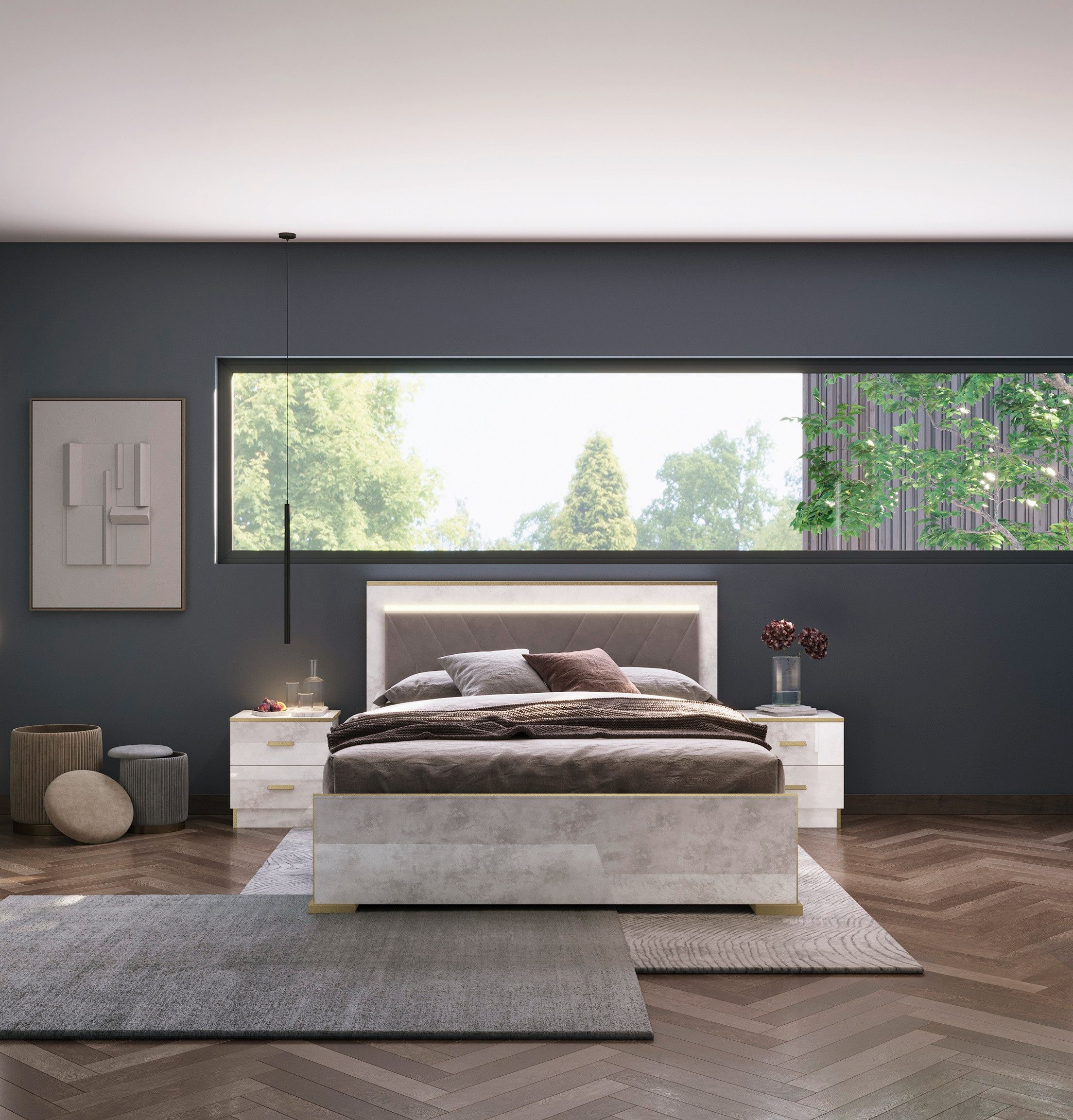 Interdesign24 Bettanlage Noemi, (3-Teilig, inkl. 2 Nachtkommoden und Bett 160 x 200 cm, in Beige/Gold Hochglanz), Made in Italy