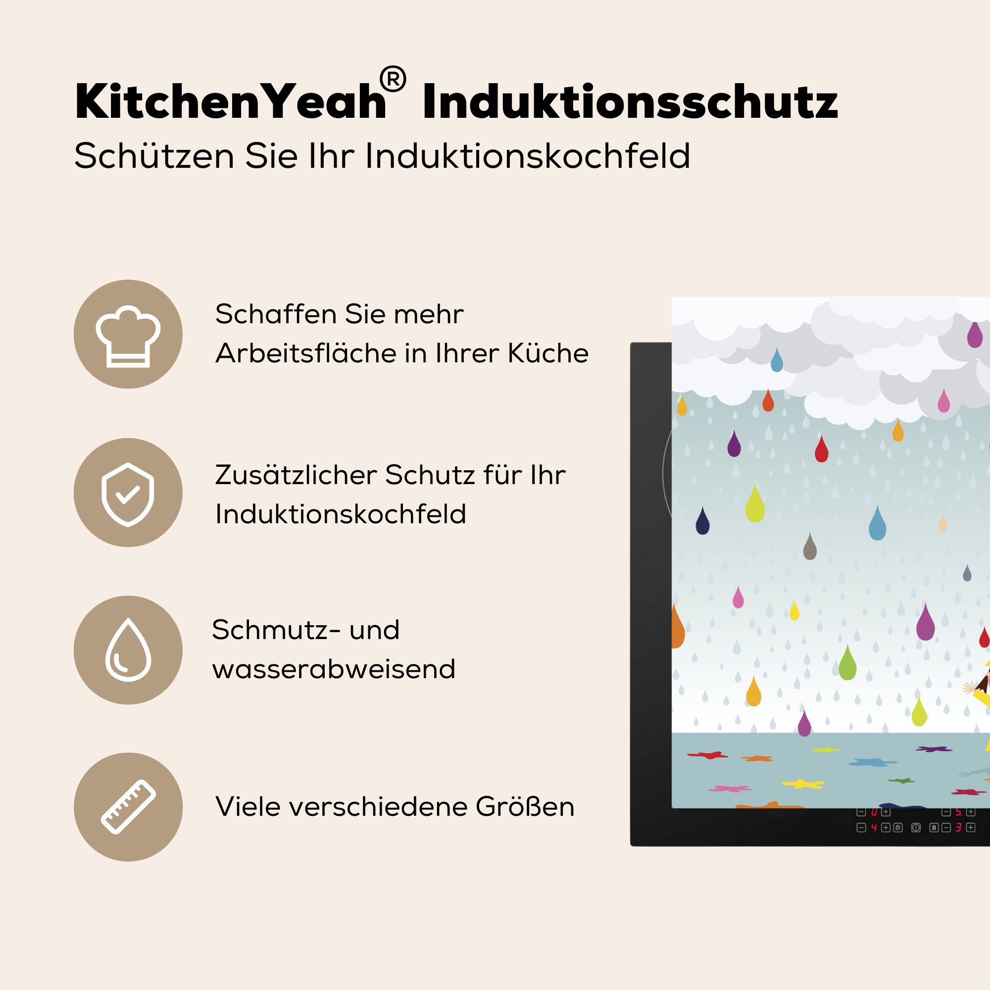 für ist, Kindes, umgeben eines Vinyl, das bunten tlg), cm, Arbeitsplatte Ceranfeldabdeckung, MuchoWow (1 Herdblende-/Abdeckplatte küche von Wassertropfen 78x78 Illustration