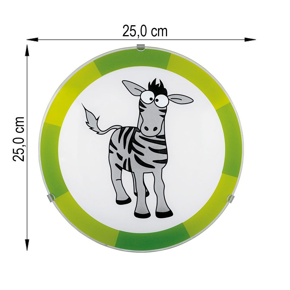 EGLO Deckenleuchte, Leuchtmittel nicht inklusive, Kinderlampe Deckenleuchte Wandlampe Glas grün weiß Zebra Motiv D 25 cm