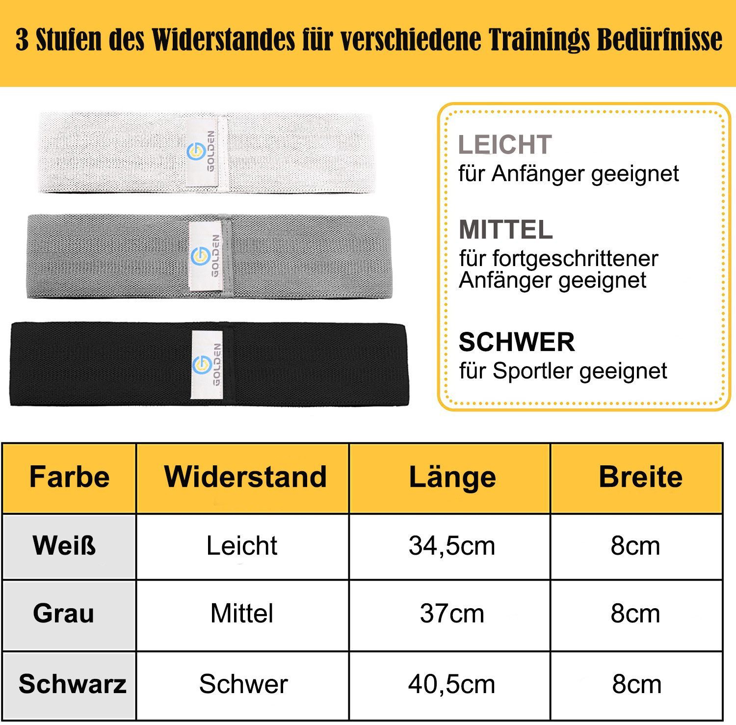 GOLDEN Trainingsbänder Fitnessband Hüftbänder Übungsband Sportband Widerstandsbänder Training