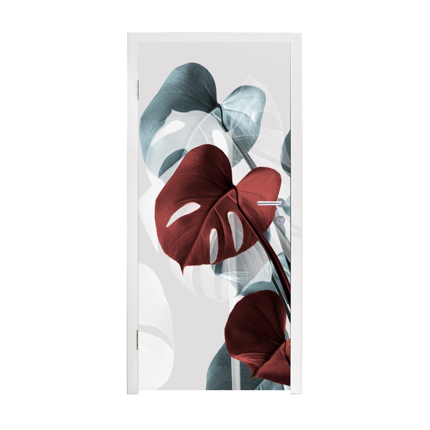 MuchoWow Türtapete Monstera - Rot - Pastell - Stilleben, Matt, bedruckt, (1 St), Fototapete für Tür, Türaufkleber, 75x205 cm