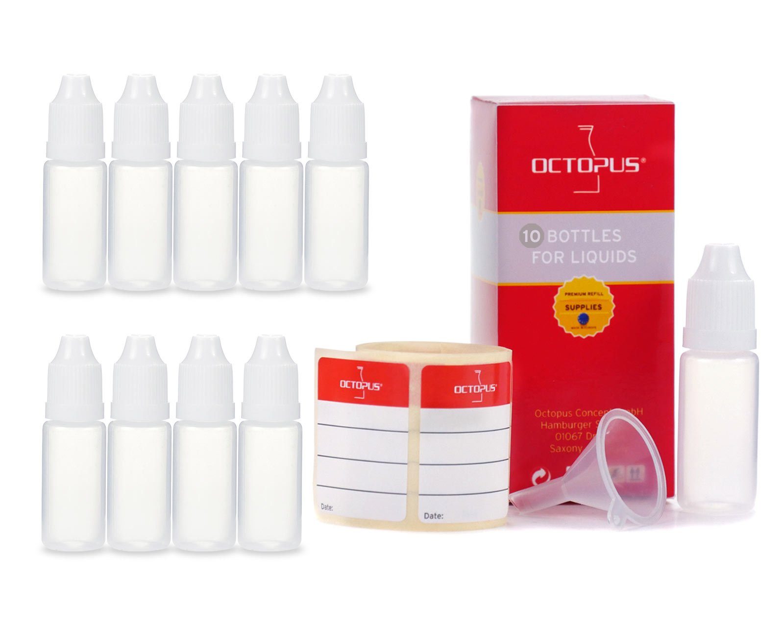 OCTOPUS Kanister 10 Plastikflaschen 10 ml LDPE, G14, Tropfeinsatz, Deckel weiß, 1 Mini- (10 St)