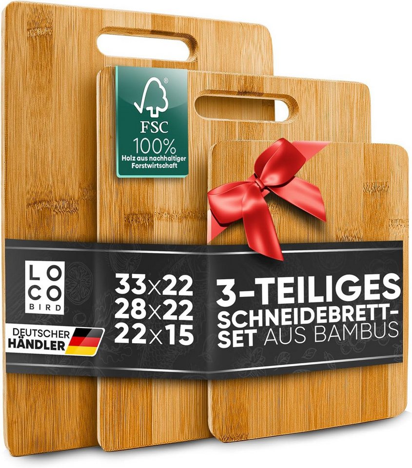Loco Bird Schneidebrett 3er Set - 1x 33x22cm, 1x 28x22cm, 1x 15x22cm, Bambus, (Holzschneidebretter, 3-St., Holz-Brett für die Küche), Antibakterielles Schneidebrett aus Holz
