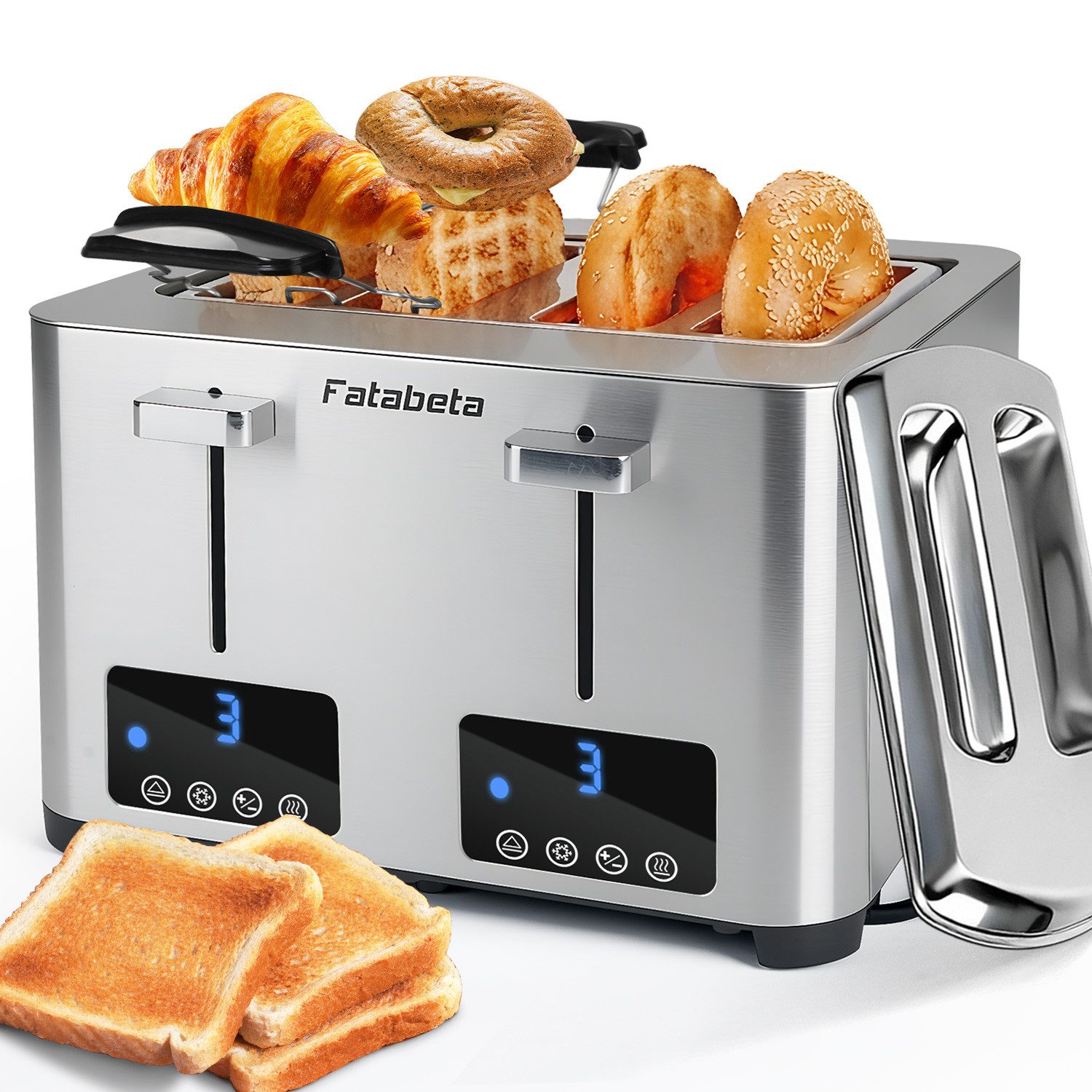 FATABETA Toaster Toaster 4 Scheiben, Doppel-Langschlitztoaster, mit Brötchenaufsatz, 4 kurze Schlitze, für 4 Scheiben, 1500 W, LED-Display, Touchscreen, 7 Stufen, Auftauen & Aufwärmen, Edelstahl