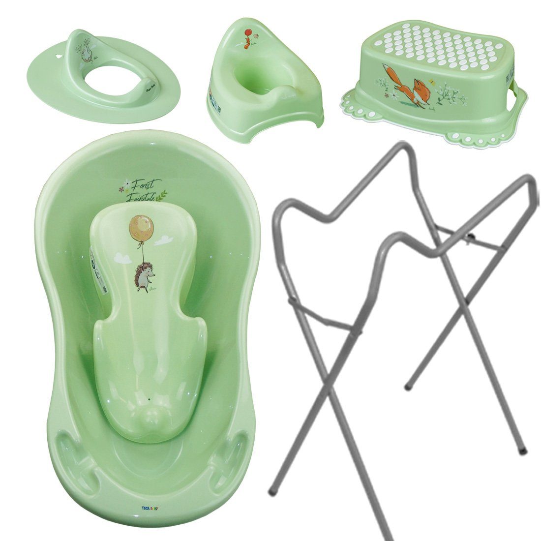 Grau ** + Hocker Badesitz 5 + Set), Topf -Baby + Bbadeset Tega-Baby SET TEILE Aufsatz Babybadewanne Premium (Made Pflege Zubehör, Europe Ständer** Wanne + -FOREST WC Babywanne +Ständer Grün + in