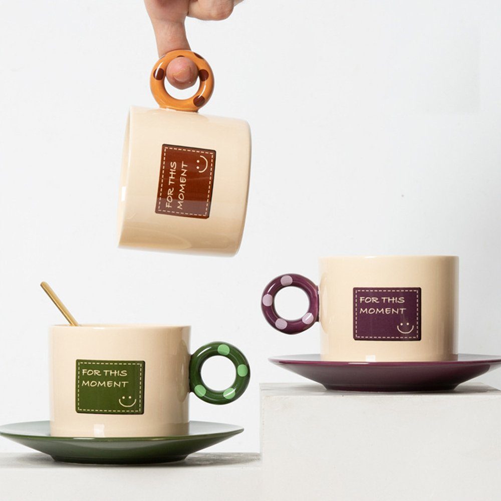 Untertassen (1-tlg), Set und Ceramic Keramik-Kaffeebecher, Löffel, Lila Dekorative mit Kaffeeservice Teetasse Teetasse Vintage-Stil Kunst-Kaffeebecher-Set,