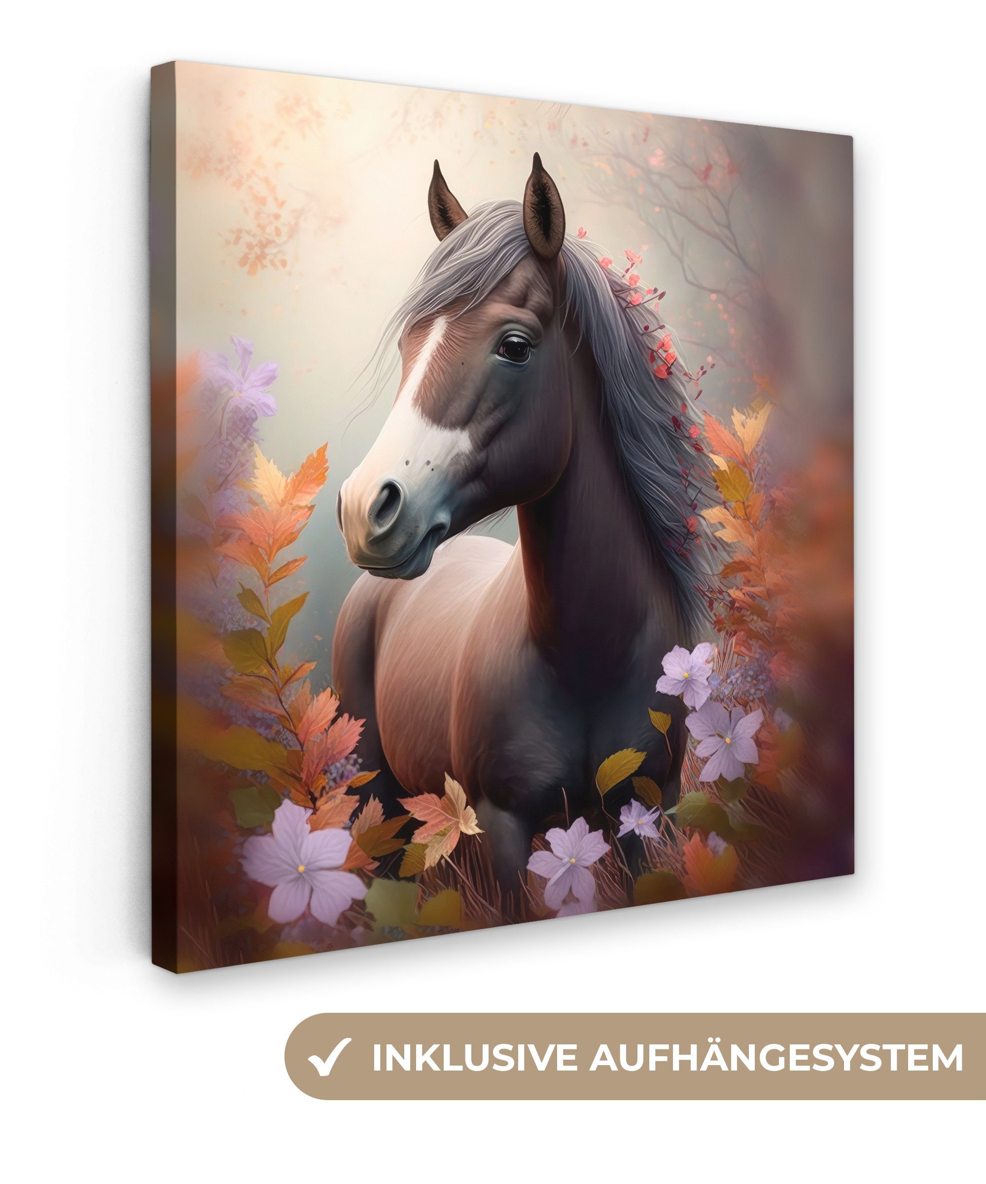 OneMillionCanvasses® Leinwandbild Pferd - Blumen - Natur - Lila - Tiere, (1 St), Leinwand Bilder für Wohnzimmer Schlafzimmer, 20x20 cm | Leinwandbilder