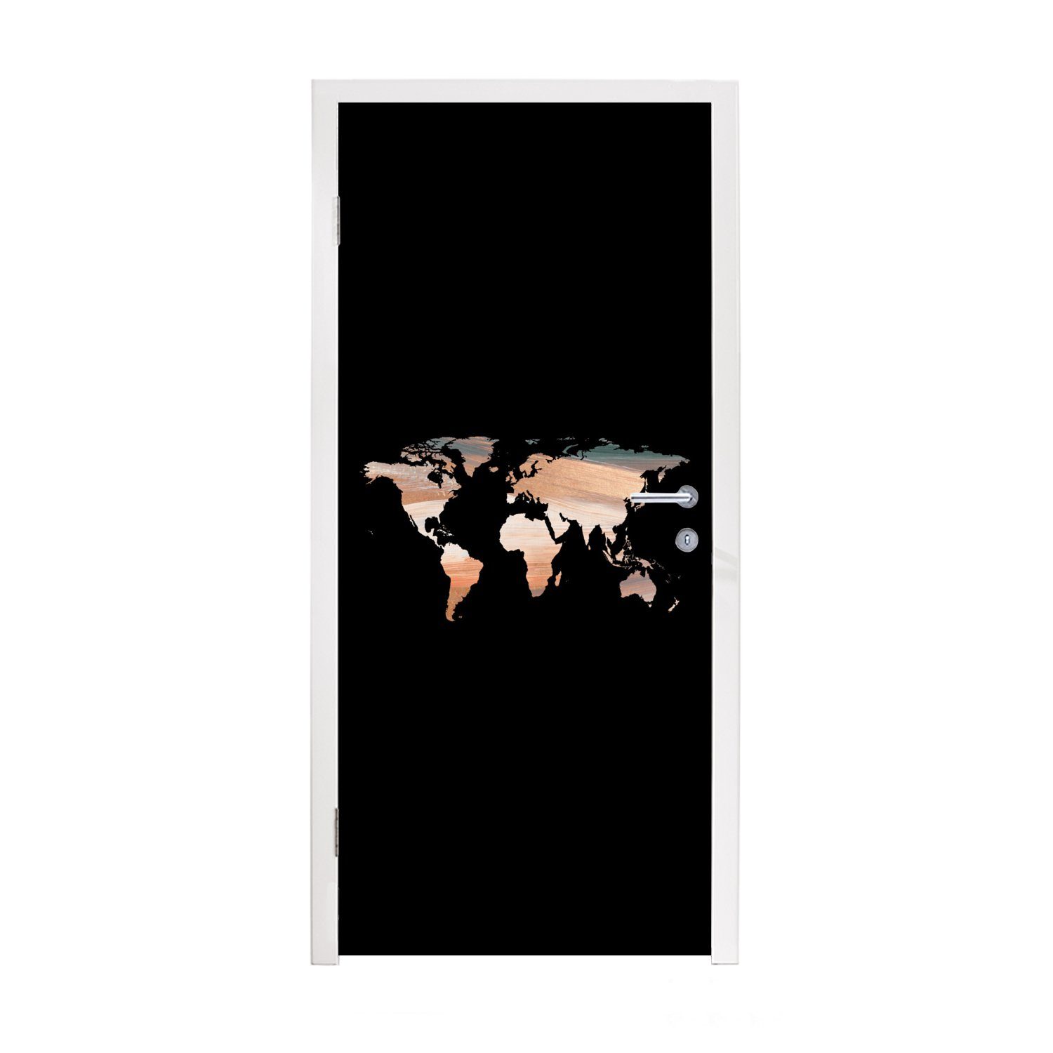 MuchoWow Türtapete Weltkarte - Farbe - Schwarz, Matt, bedruckt, (1 St), Fototapete für Tür, Türaufkleber, 75x205 cm | Türtapeten