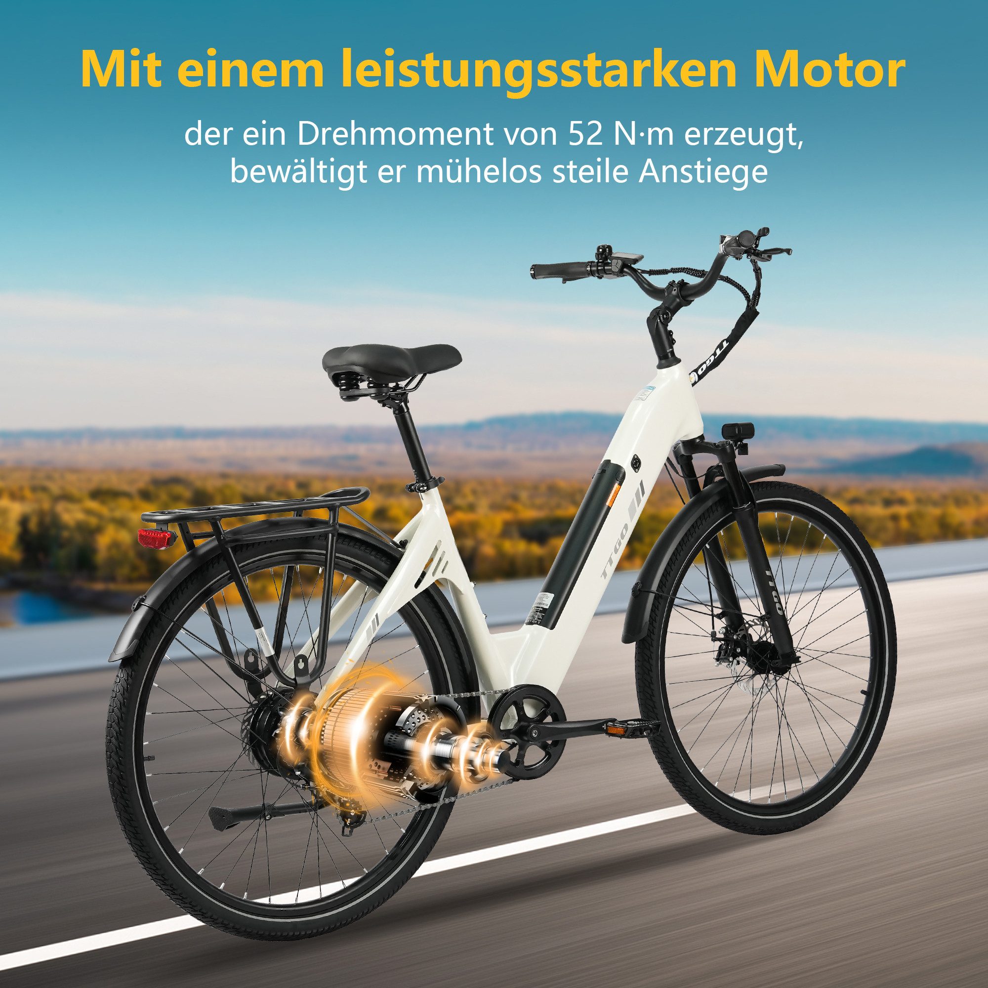 TTGO E-Bike Cityrad 28 Zoll, 55Nm, 650Wh, 150km, Elektrofahrrad für Damen und Herren, 7 Gang Shimano, Kettenschaltung, Heckmotor, 650 Wh, (Alu-Pedale, max. Bela – Bild 4 von 5