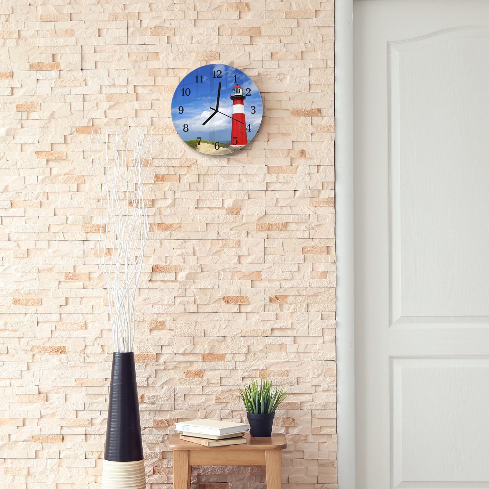 Primedeco Wanduhr Wanduhr Rund Motiv aus 30 - und Glas Quarzuhrwerk Durchmesser mit Leuchtturm mit cm