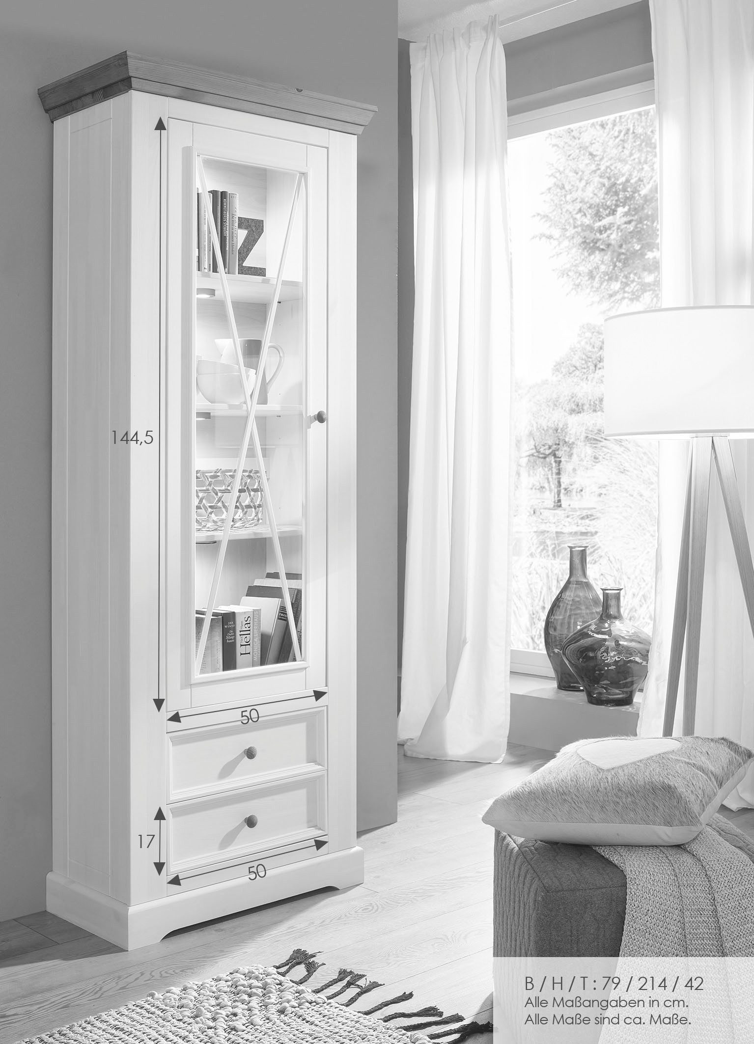 Woodroom Vitrine Oslo (Maße: 79 × 214 × 42 cm) Kiefer massiv weiß oder grau gewachst