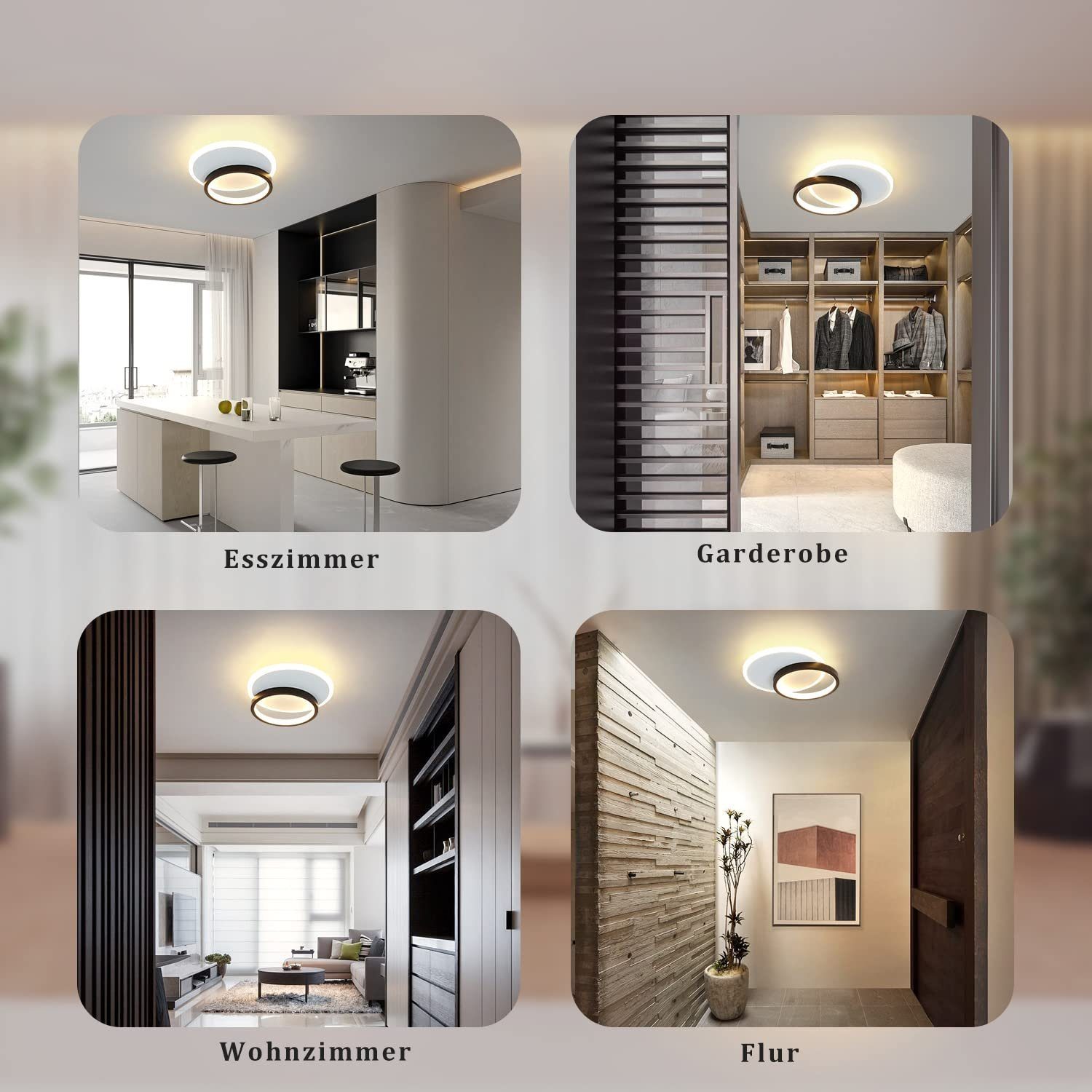 12W 2 LED Acryl Warmweiß, integriert, ZMH fest LED Modern Weiß Wohnzimmerlampe, Deckenleuchte Design Schwarz Ringe,