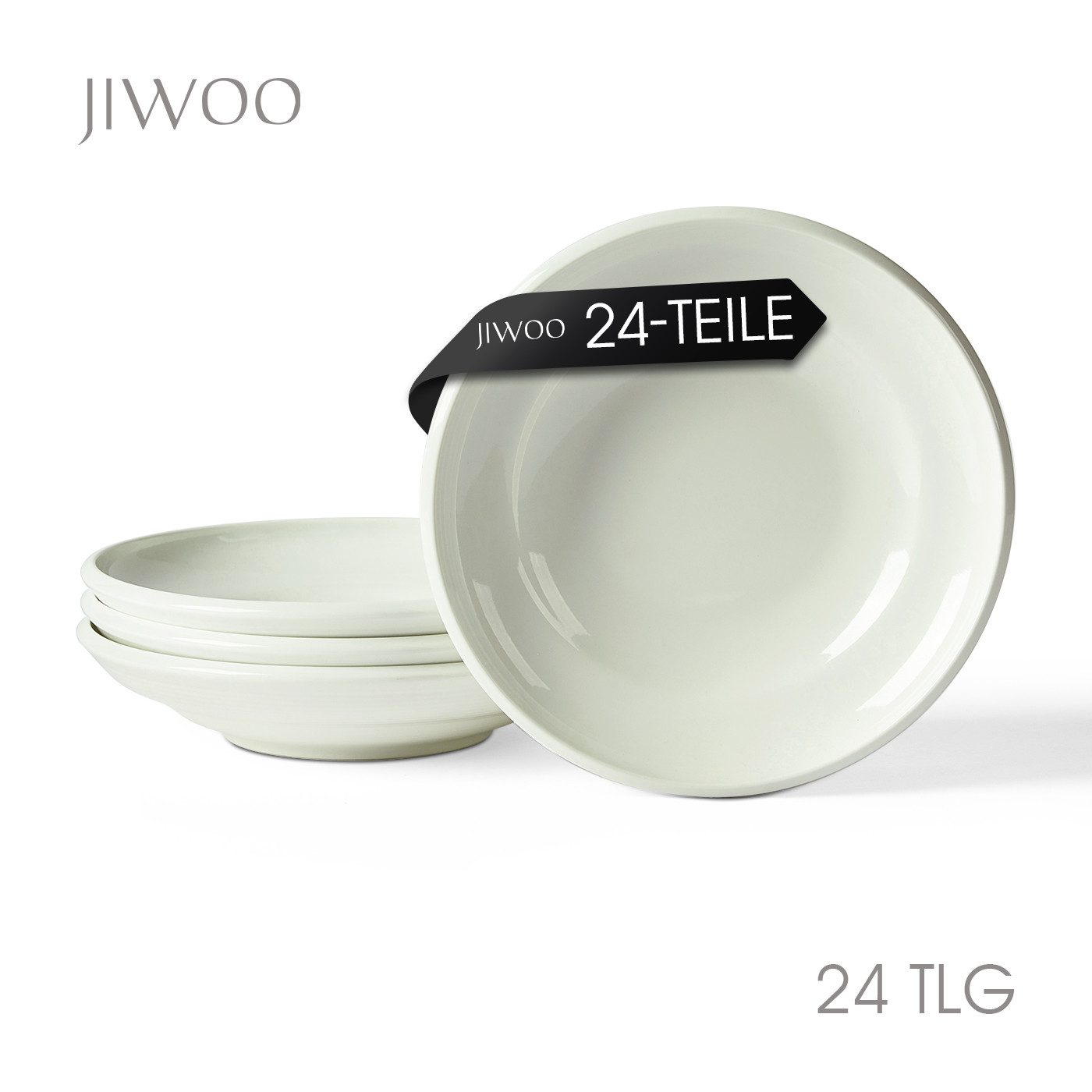 JIWOO Suppenteller 4er Ø22cm, Speiseteller Pastateller Salatteller Dessertteller Plate, (24 St), Keramik Tellerset Weiß mikrowellen- und spülmaschinenfest Ø21,2 cm