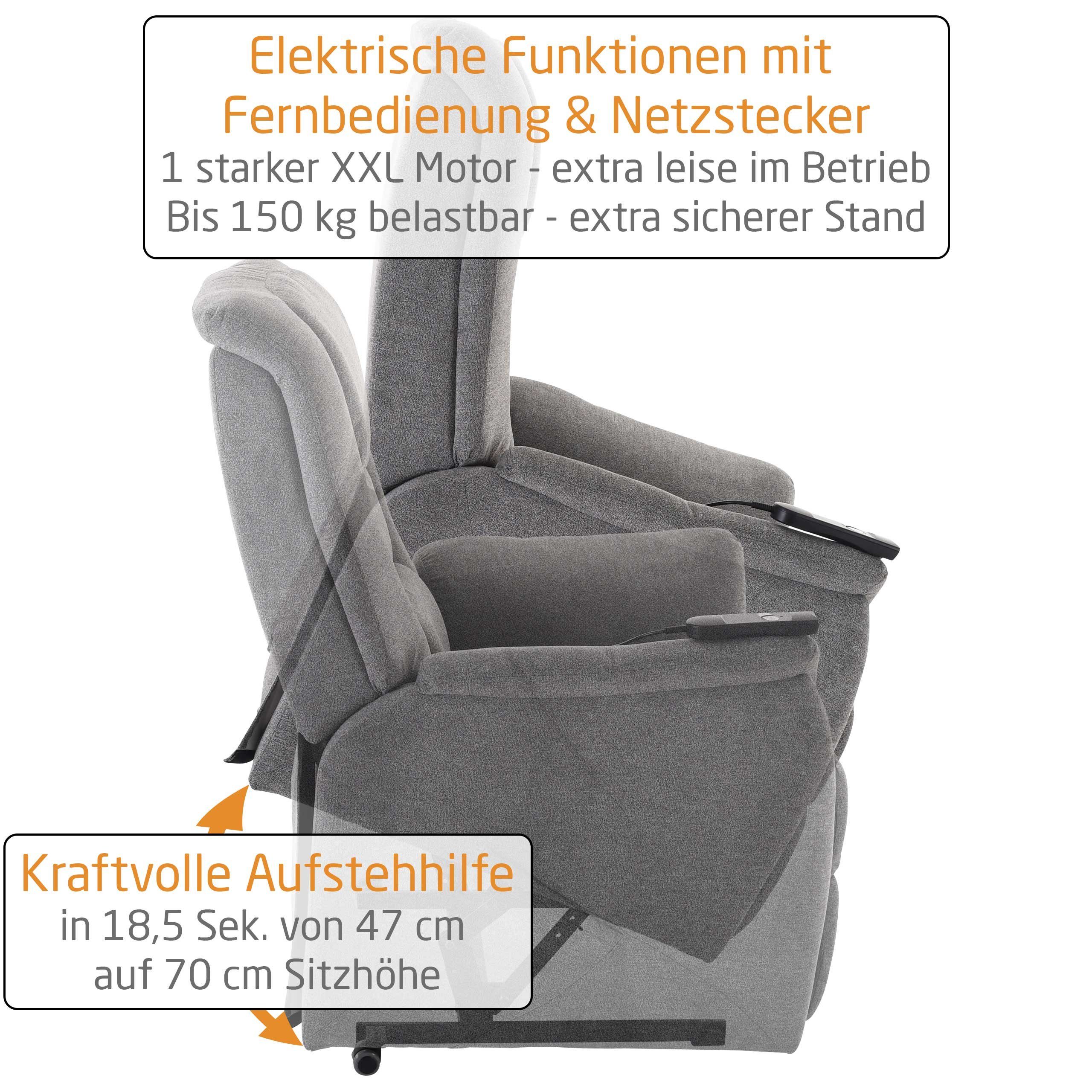 elektrische Aufstehhilfe, Raburg Stoffe, verschiedene Farben & TV-Sessel kg & 150 GRAU-MELIERT Liegefunktion, kompakt, bis KARL,
