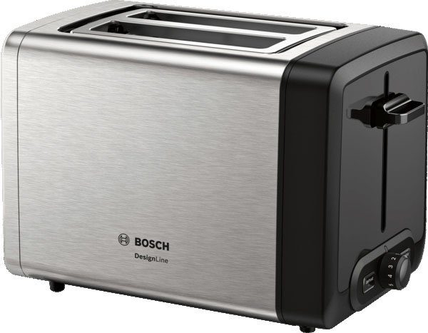 BOSCH Toaster DesignLine TAT4P420DE, integrierter Edelstahl-Brötchenaufsatz, 2 kurze Schlitze, 820 W, Abschaltautomatik, Auftaufunktion, Liftfunktion, Breit, Edelstahl