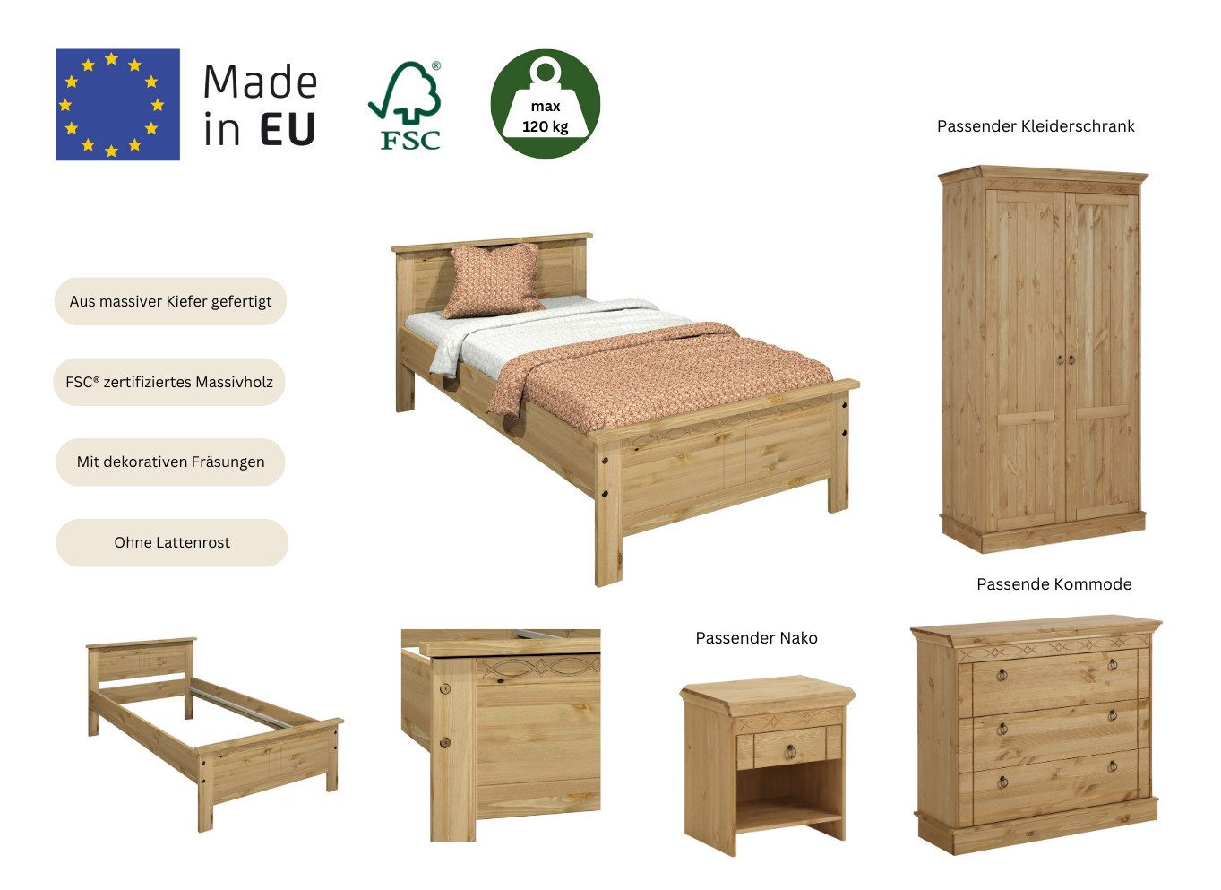 OTTO home Massivholzbett Indra, TOPSELLER, Landhausstil, edles Design,zertifiziertes Massivholz (Breite/Belastbarkeit 180cm/220 KG, 140cm/180 KG, 90cm/120 KG), mit Kopfteil, mit dekorativen Fräsungen, aus Kiefer