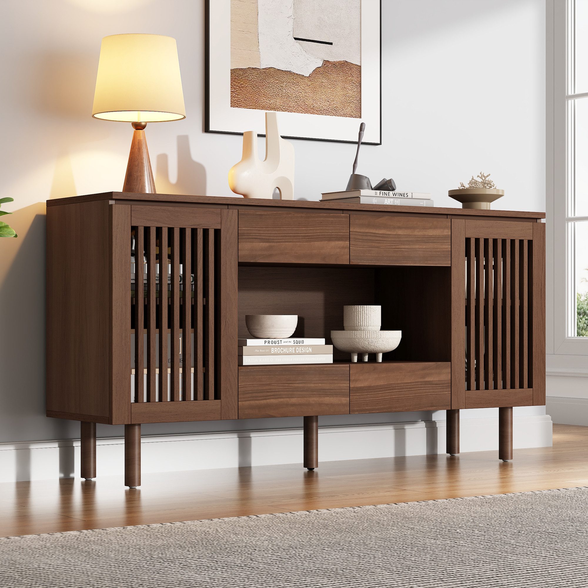 Merax Sideboard mit 4 Schubladen, 2 Lamellentüren & 5 Massivholzbeinen, 140x35x71 cm (1 St), Kommode Wohnzimmerschrank Esszimmerschrank …