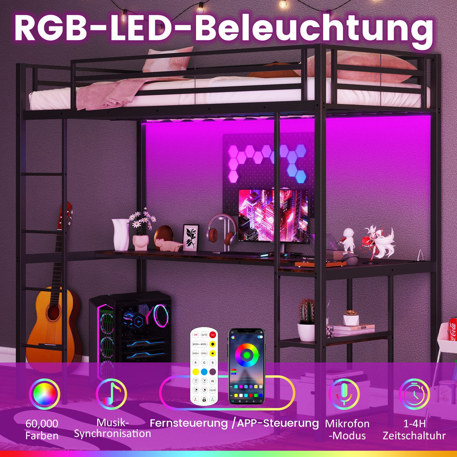 COSTWAY Bettgestell (1-tlg), Hochbett mit Schreibtisch, LED, Ladestation, 90x200cm