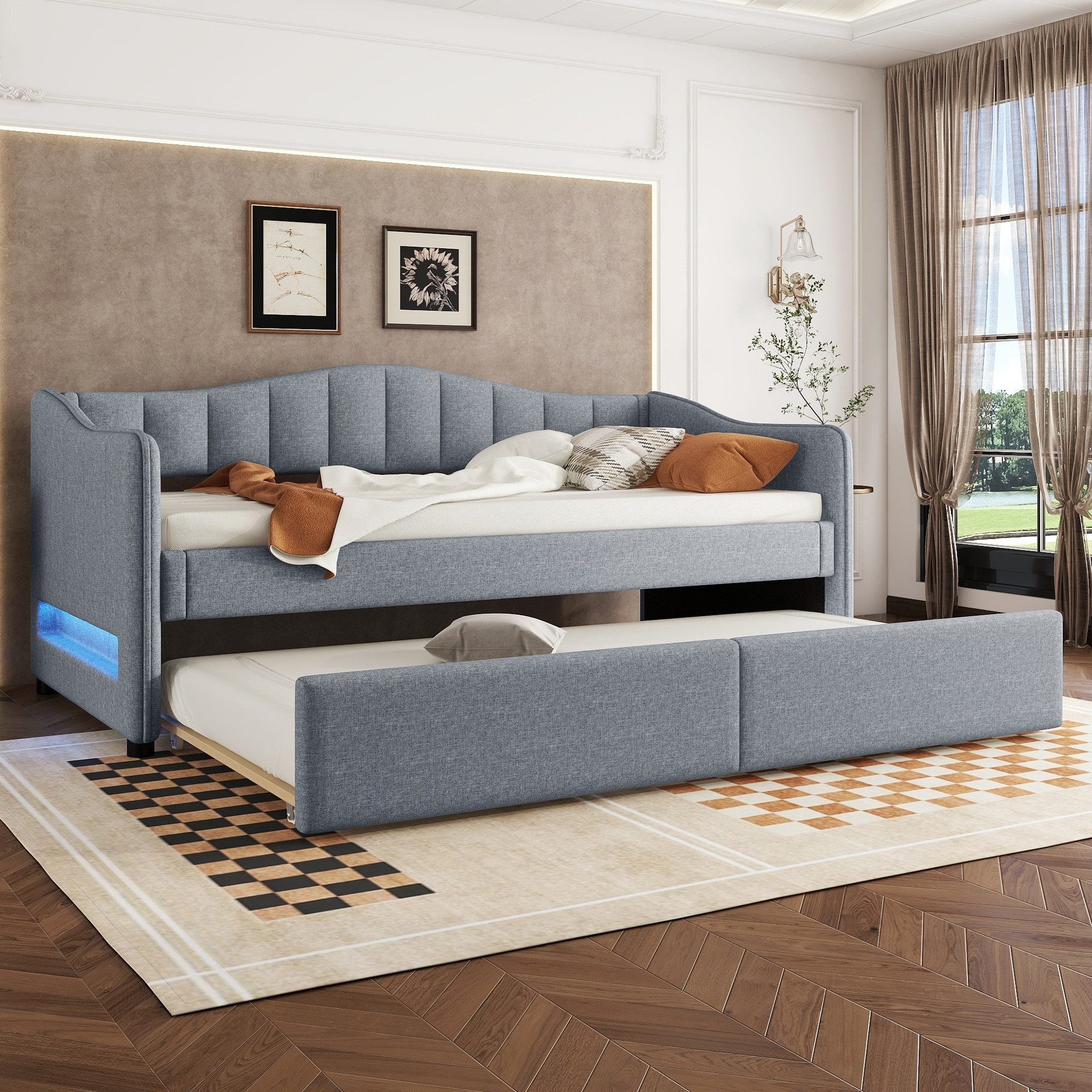 STILVORA Polsterbett 90x200 Schlafsofa mit bettfunktion Tagesbett ausziehbar Leinen Grau (Einzelbett im minimalistischen Stil, inkl. Ambiente-Licht, 90 x 200 cm), ohne Matratze
