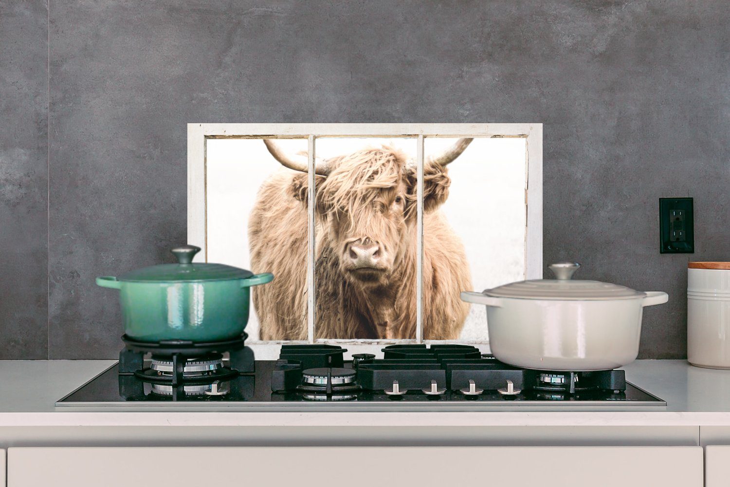 Nebel, Wandschutz, Ansicht 60x40 küchen - Küchenrückwand Temperaturbeständig - MuchoWow (1-tlg), Highlander Herdblende aus cm, Scottish