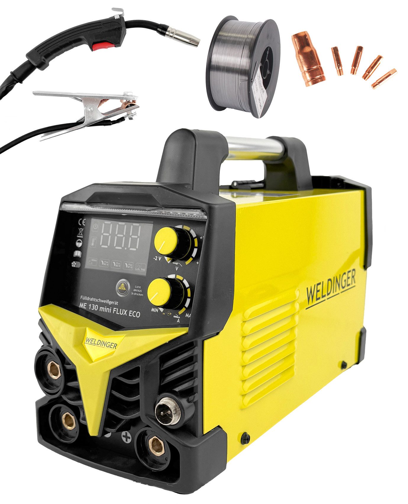 WELDINGER Fülldrahtschweißgerät ME 130 mini FLUX Fülldrahtschweißgerät, 20 - 130 A, mit Zubehör, Massekabel, Brenner MB 150, auch für MMA/WIG