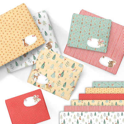 PAPIERDRACHEN Geschenkpapier 6 Bögen Weihnachtsgeschenkpapier - tolle Designs - Mit Anhängern, 6 verschiedene Designs und Aufkleber