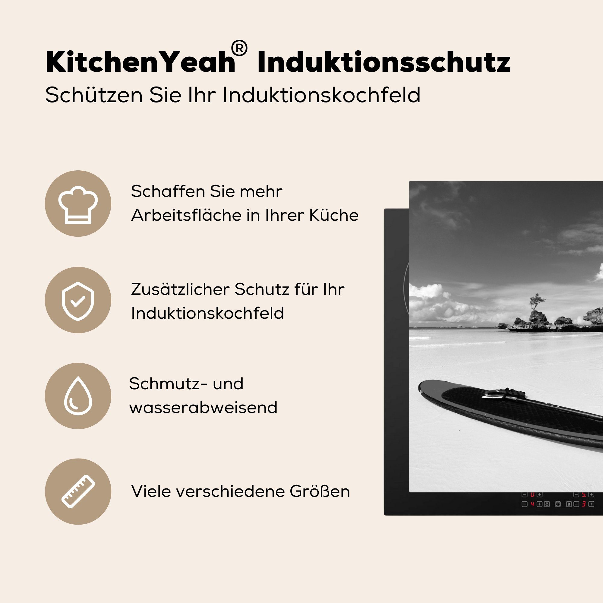 MuchoWow Herdblende-/Abdeckplatte Strand - Vinyl, für Surfbrett Boracay küche Arbeitsplatte 78x78 schwarz tlg), von cm, (1 am Ceranfeldabdeckung, weiß, und