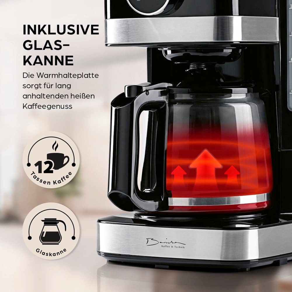 Barista Filterkaffeemaschine Filterkaffeemaschine Touch, 12 Tassen - Touchscreen, Timer - Aromastärke wählbar, 24h Timer & Permanentfilter, Für 8 Tassen Kaffee