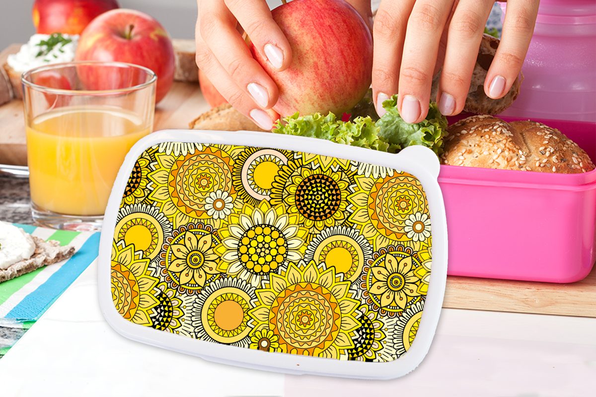 MuchoWow Lunchbox Sonnenblume - Gelb, Snackbox, Mädchen, Kunststoff, Kunststoff (2-tlg), Erwachsene, Brotdose Muster für Brotbox - Kinder, rosa
