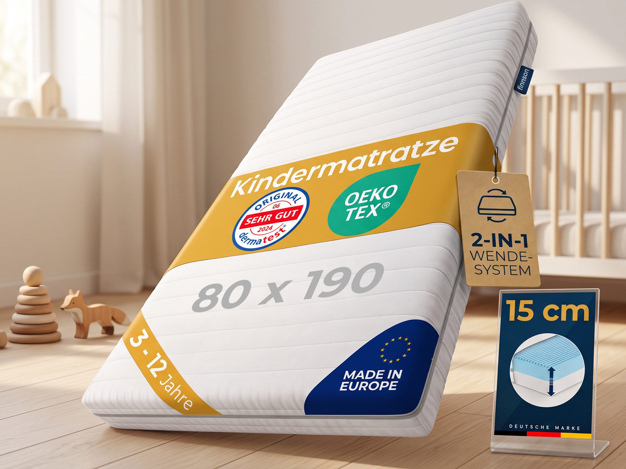Kindermatratze Komfortschaum 60° waschbar - Oeko Tex 100 - 2-in-1 Kinderbett, Finnson, 15 cm hoch, (3-12 Jahre, hypoallergen & atmungsaktiv, 2 Härtegrade, 2-in-1 Mitwachs-System, 80x160, 90x190, 90x200, 120x200, 140x200), antiallergisch