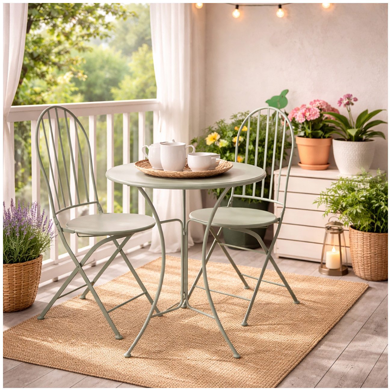 HTI-Living Garten-Essgruppe Bistro Set mit Tisch und 2 Stühlen Metall Ivy Grün für Balkon Terrasse, (Set, 3-tlg., 1 Tisch 2 Stühle), Sitzgruppe Essgruppe Balkonset